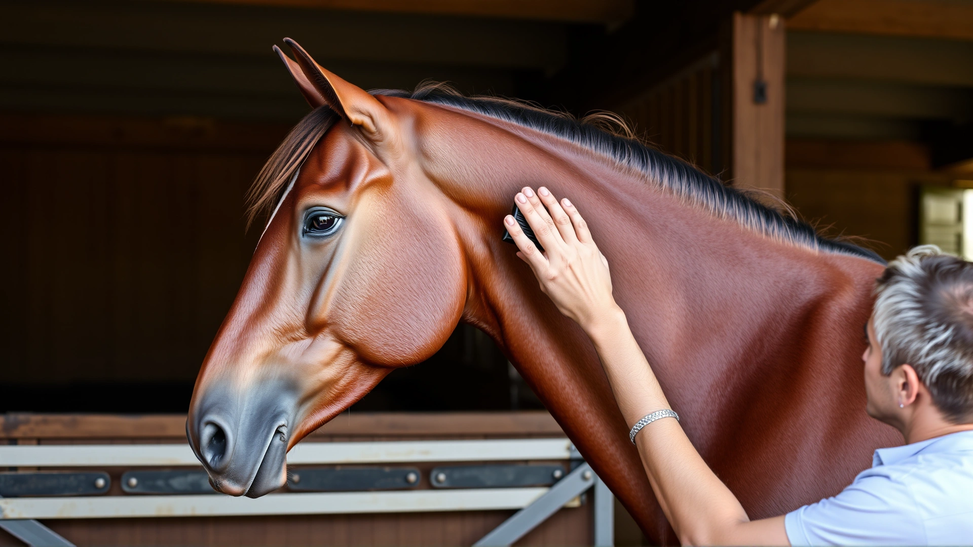 A handler gently brushing the sleek coat of an Akhal-Teke horse in a stable, emphasizing the thin skin and fine hair