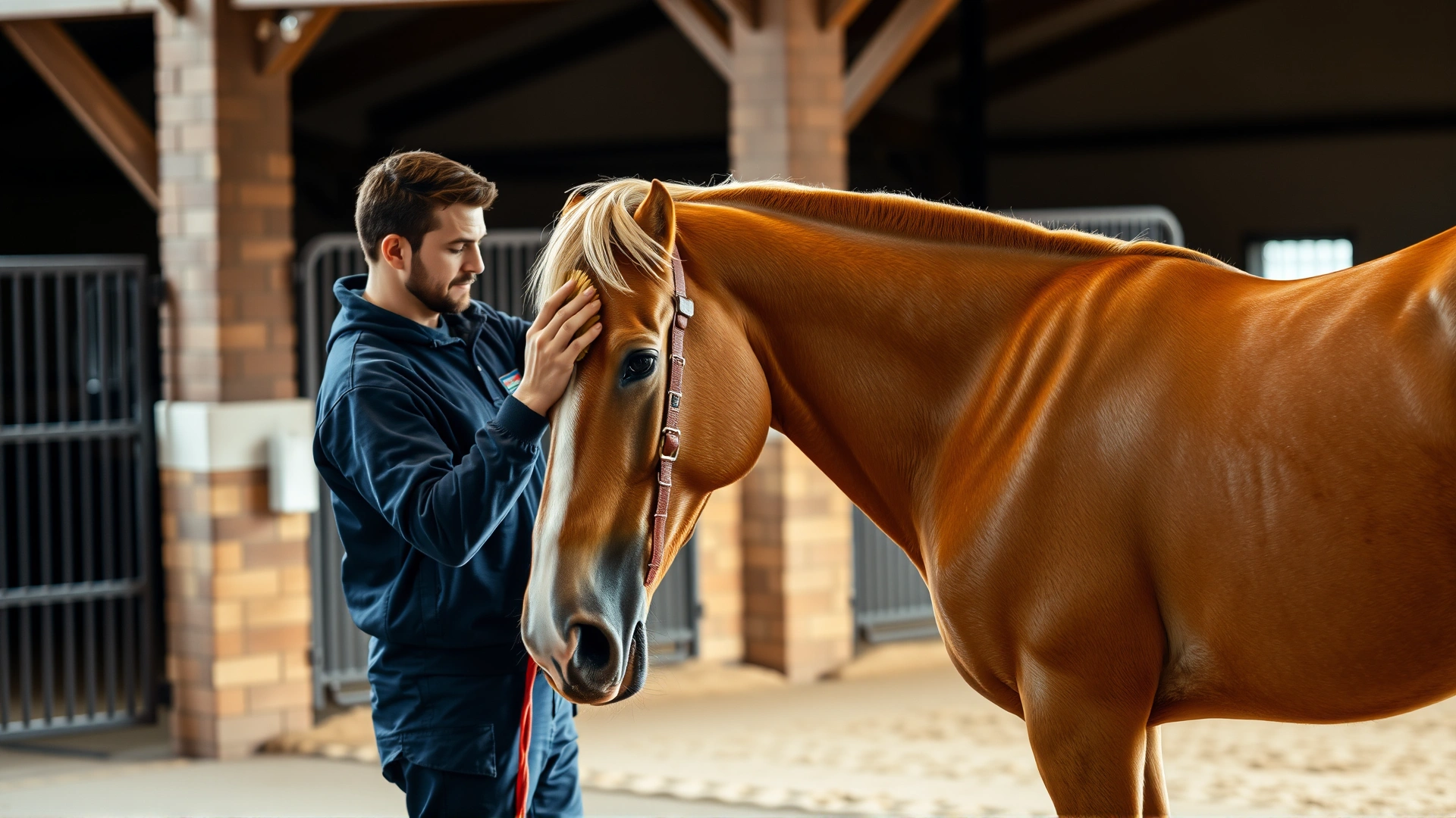 Stable environment scene of a caretaker gently brushing an Arabian horse’s gleaming coat, highlighting daily grooming practices.