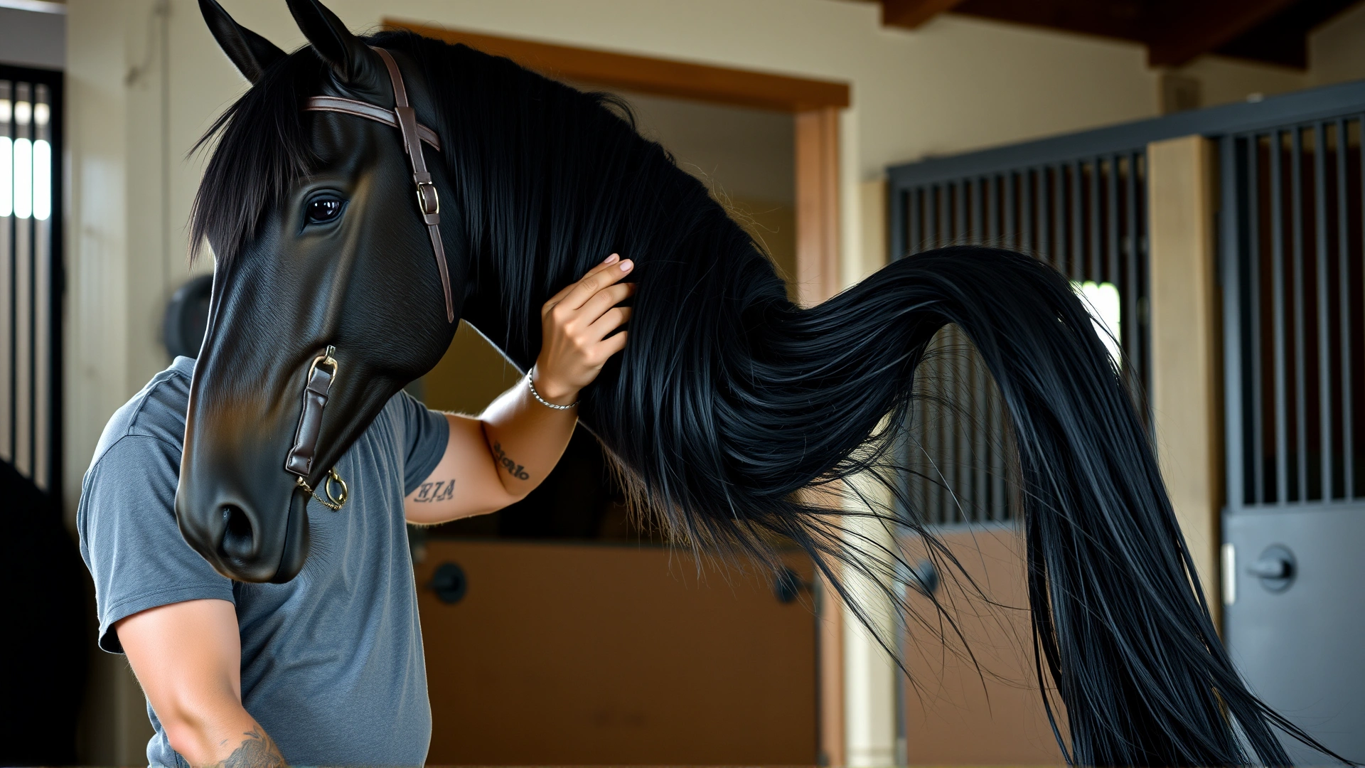Owner gently brushing the long tail of a Friesian horse inside a well-lit stable, focusing on grooming care