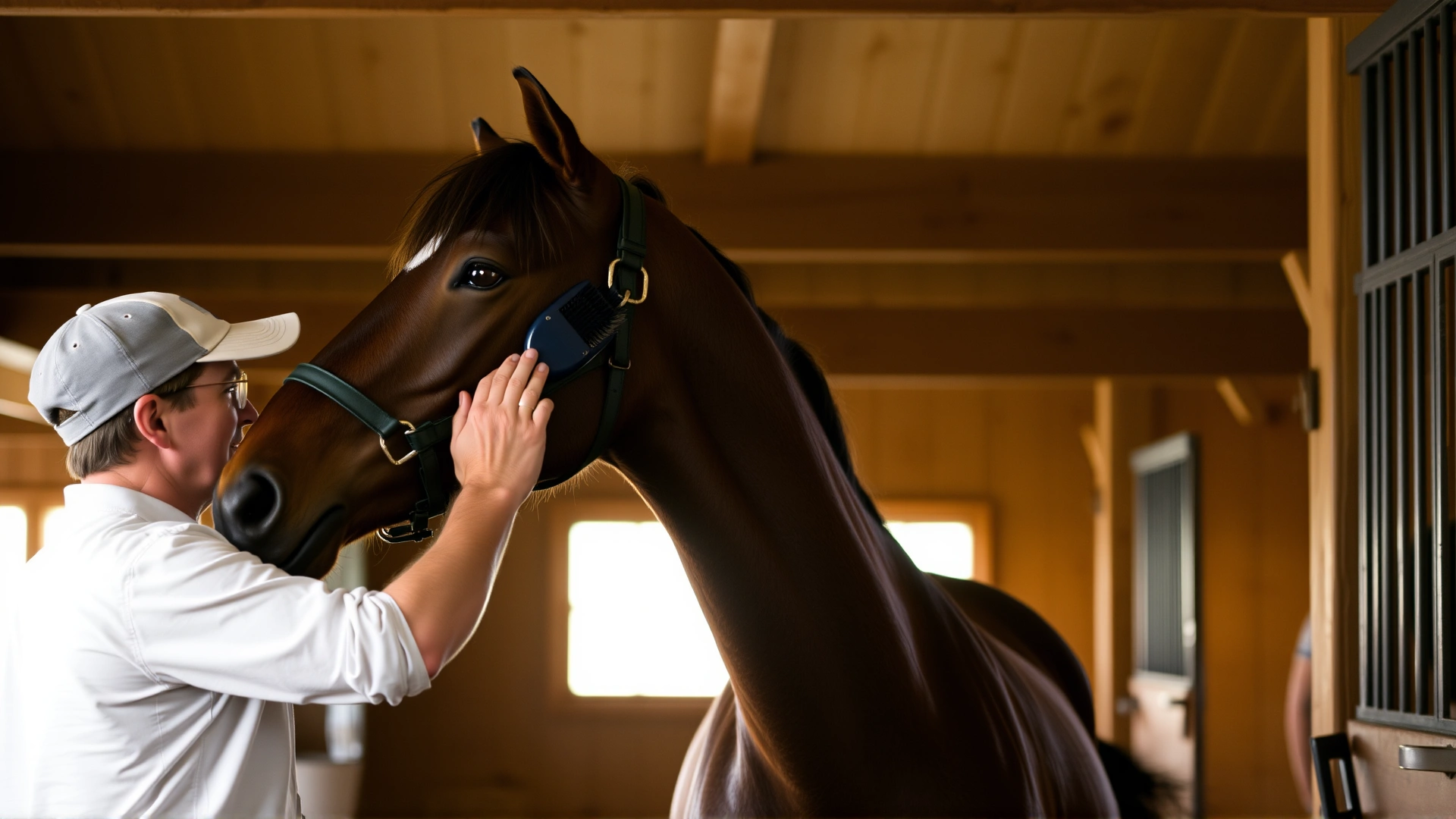 Stable interior with warm lighting where a handler is brushing a Missouri Fox Trotter horse's coat, highlighting grooming care routines. Realistic photo, high-resolution.