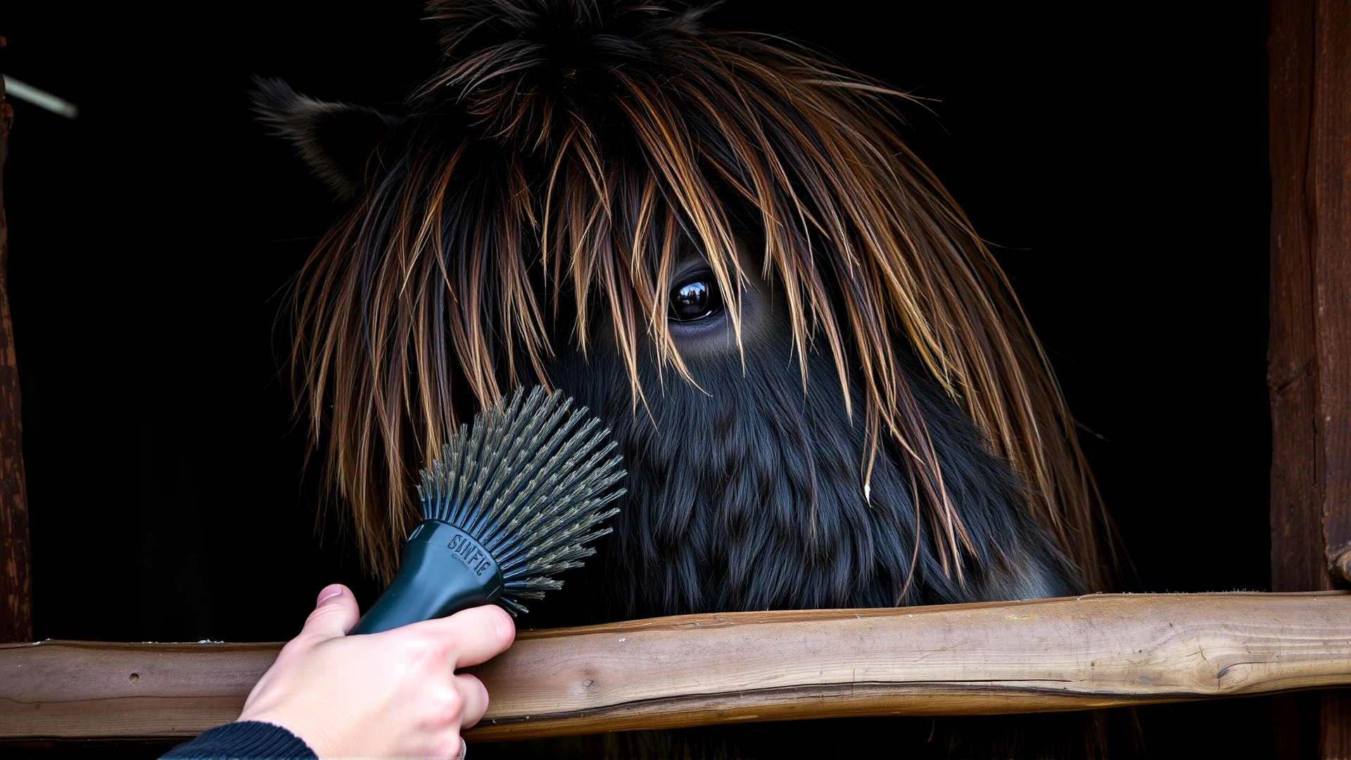 Owner brushing the thick flaxen tail of a Haflinger horse inside a well-lit barn, grooming tools visible nearby.