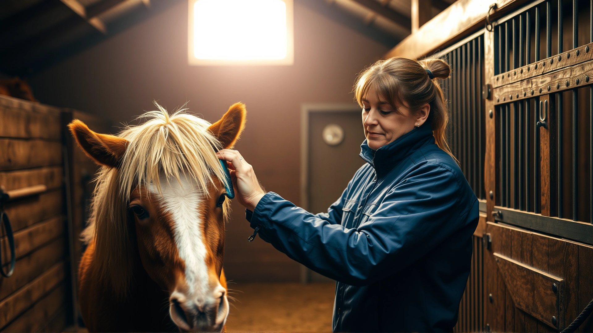 Owner brushing a Shetland pony’s mane inside a stable, grooming tools visible, warm ambient light