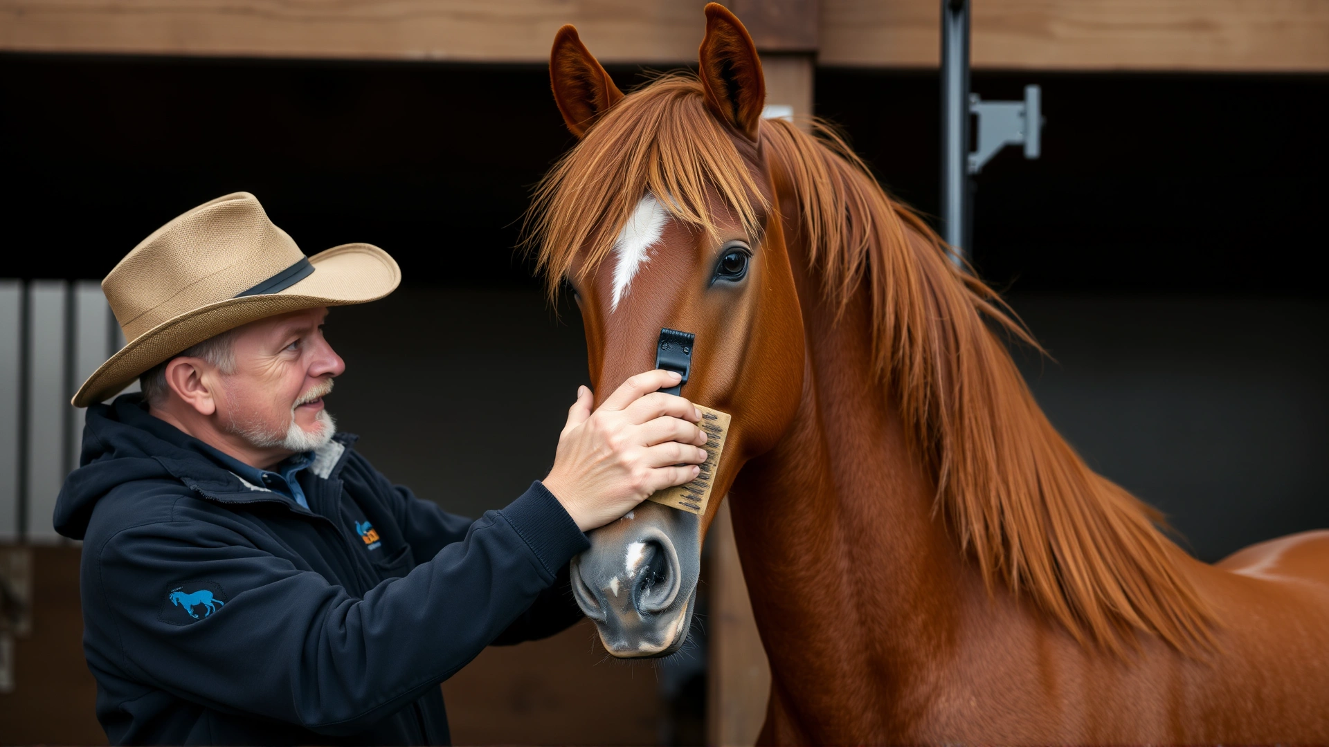 Owner brushing the long, flowing mane of a chestnut Paso Fino horse in a grooming stall