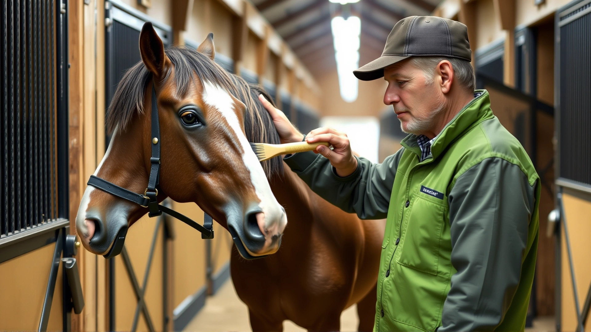 Owner brushing a miniature horse's mane in a stable aisle