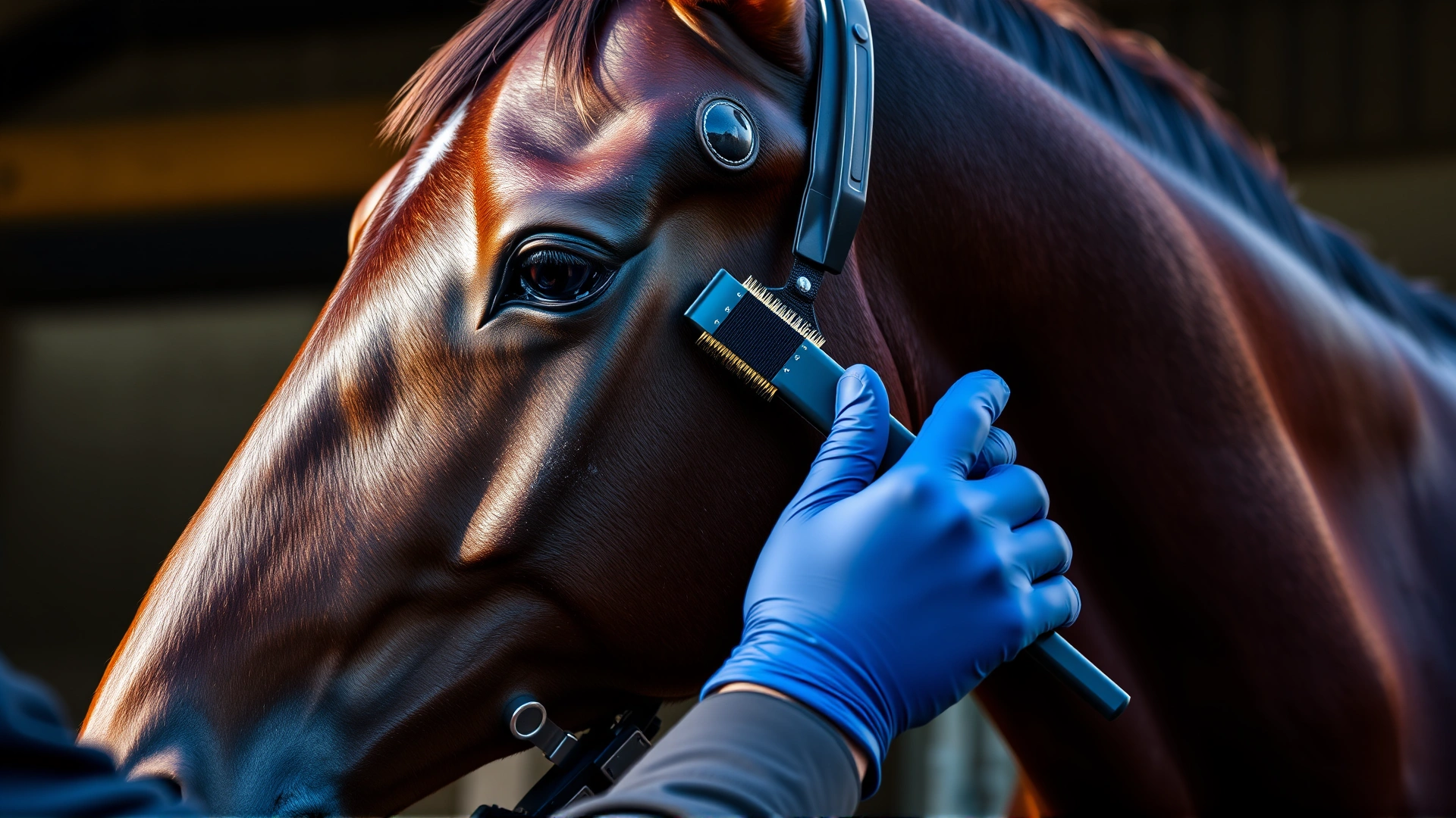 Close-up of a groom brushing the glossy coat of a dark bay Hanoverian horse, grooming kit visible.