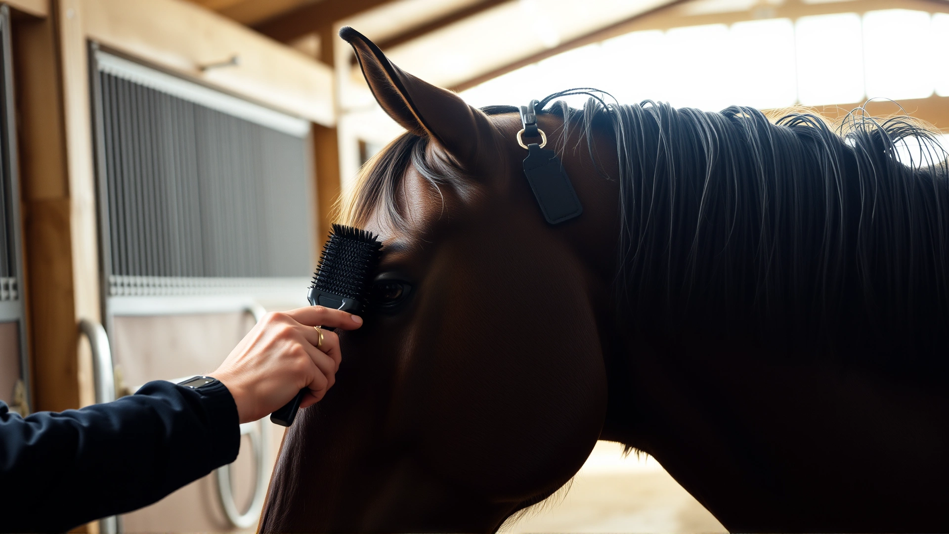 Close-up of a stable hand brushing a Thoroughbred’s glossy coat inside a well-lit barn.