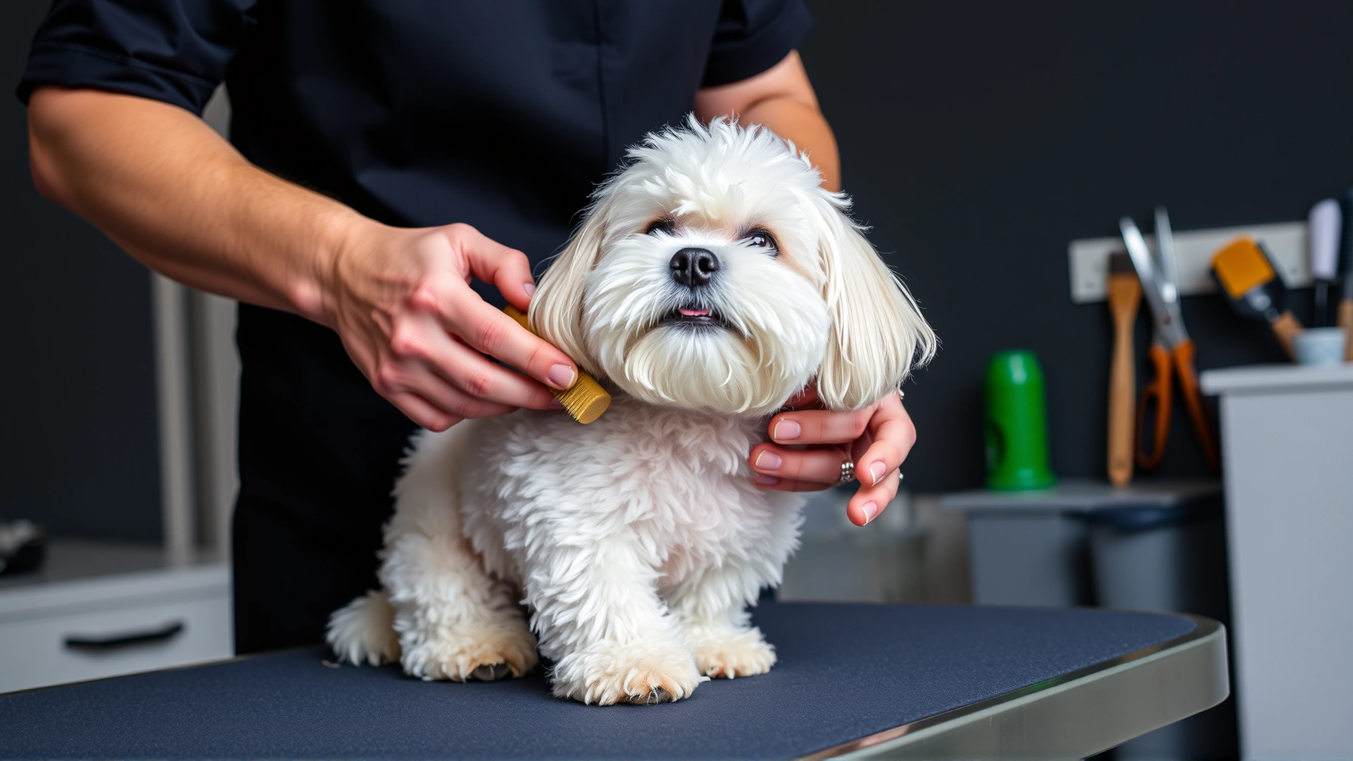 Professional groomer gently brushing a Bichon Frise on a grooming table, clean salon environment, scissors and brushes visible in background.