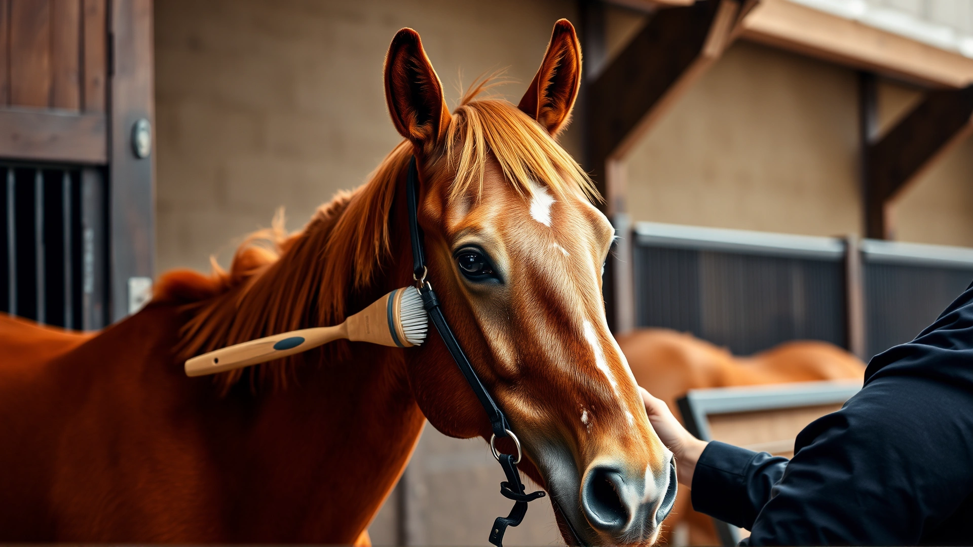 Stable setting where a handler is grooming a chestnut Gidran horse with a soft brush, emphasizing the glossy coat and calm temperament