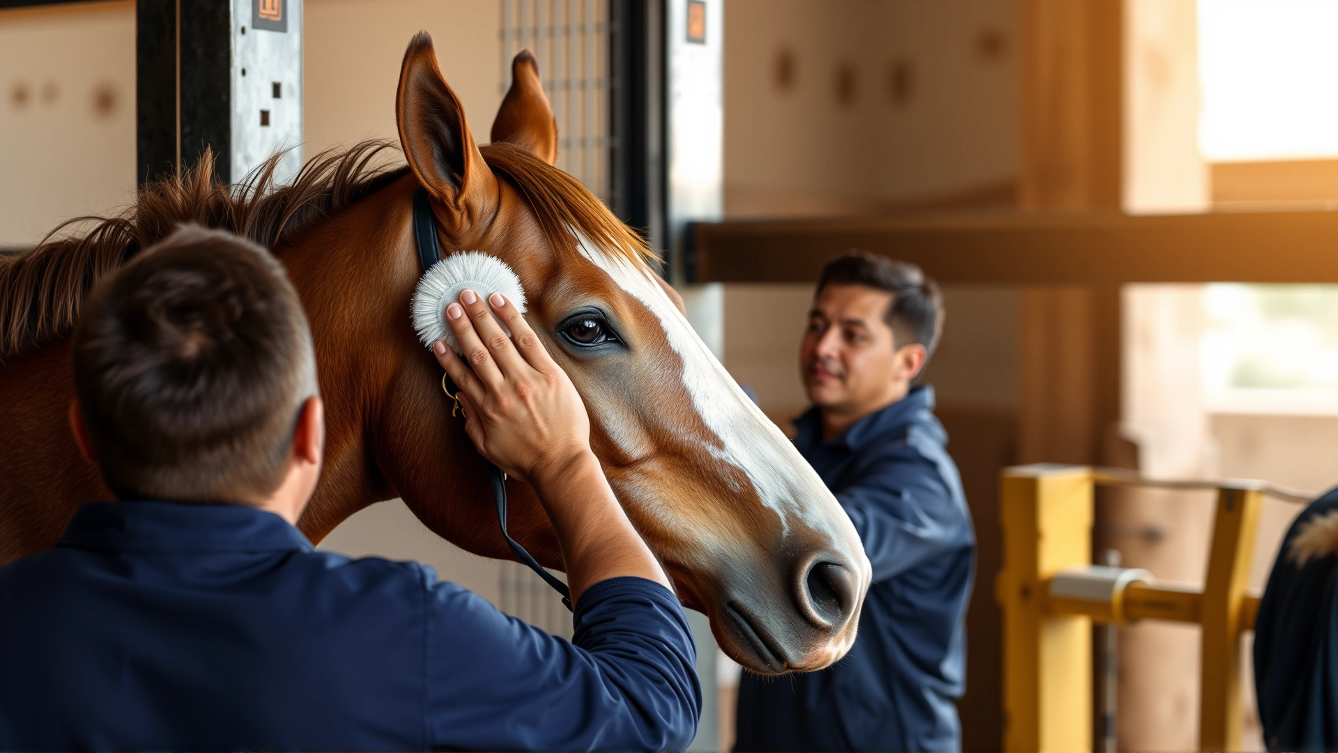 Stable scene where a handler gently brushes a Kathiawari horse, demonstrating daily grooming care.