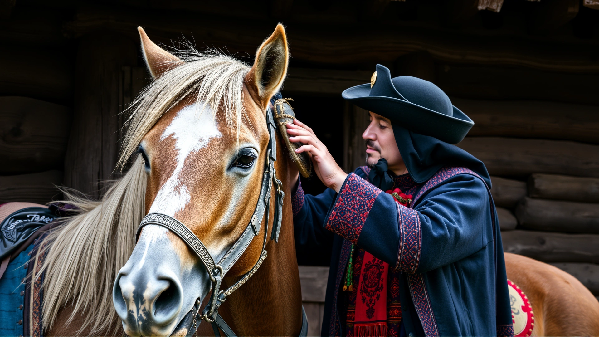 A close-up of a rider in traditional Kazakh attire gently brushing a Kazakh horse beside a rustic wooden stable