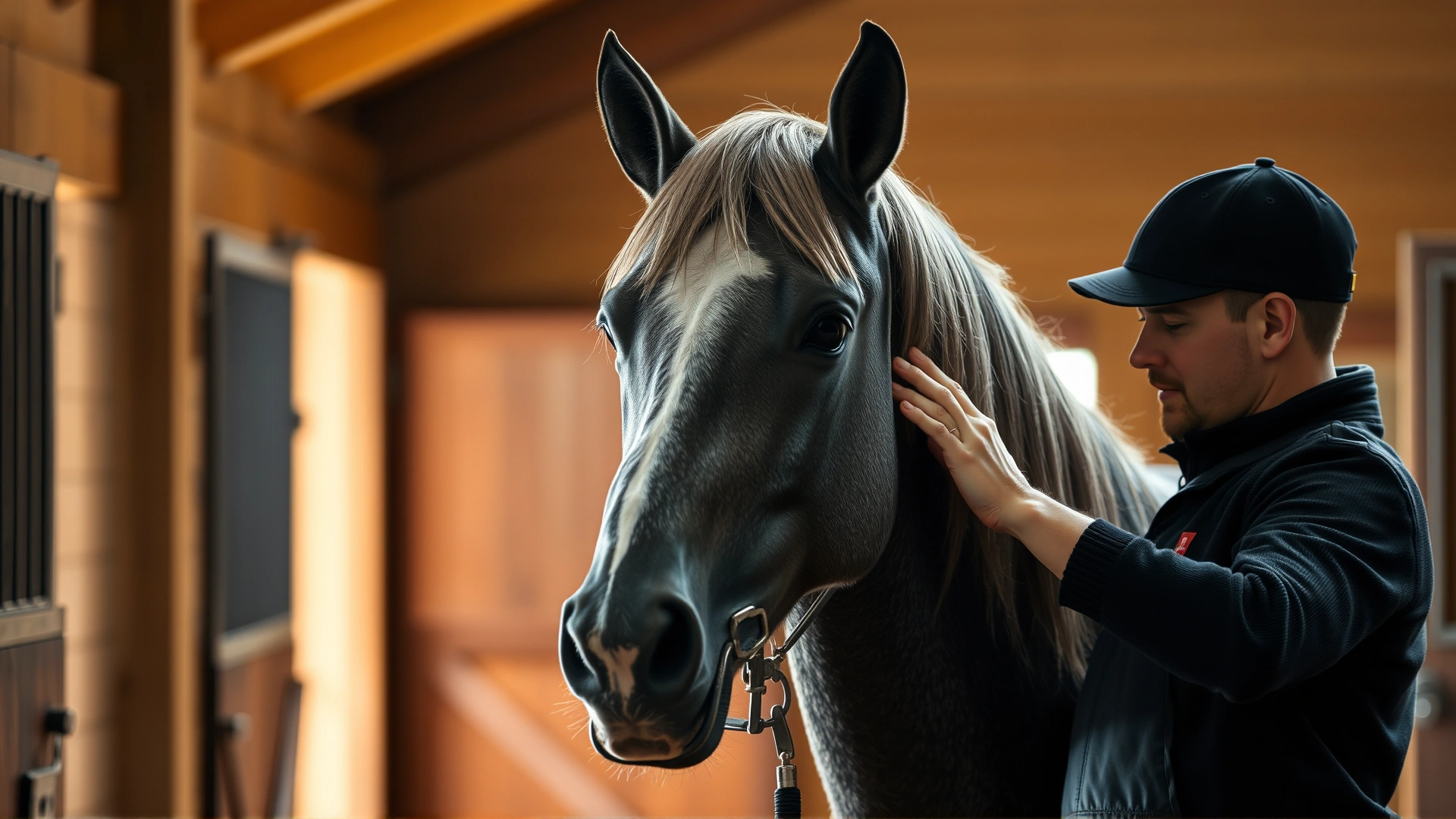 Close-up of a groom carefully brushing the thick mane of a grey Lusitano inside a warm-lit stable.