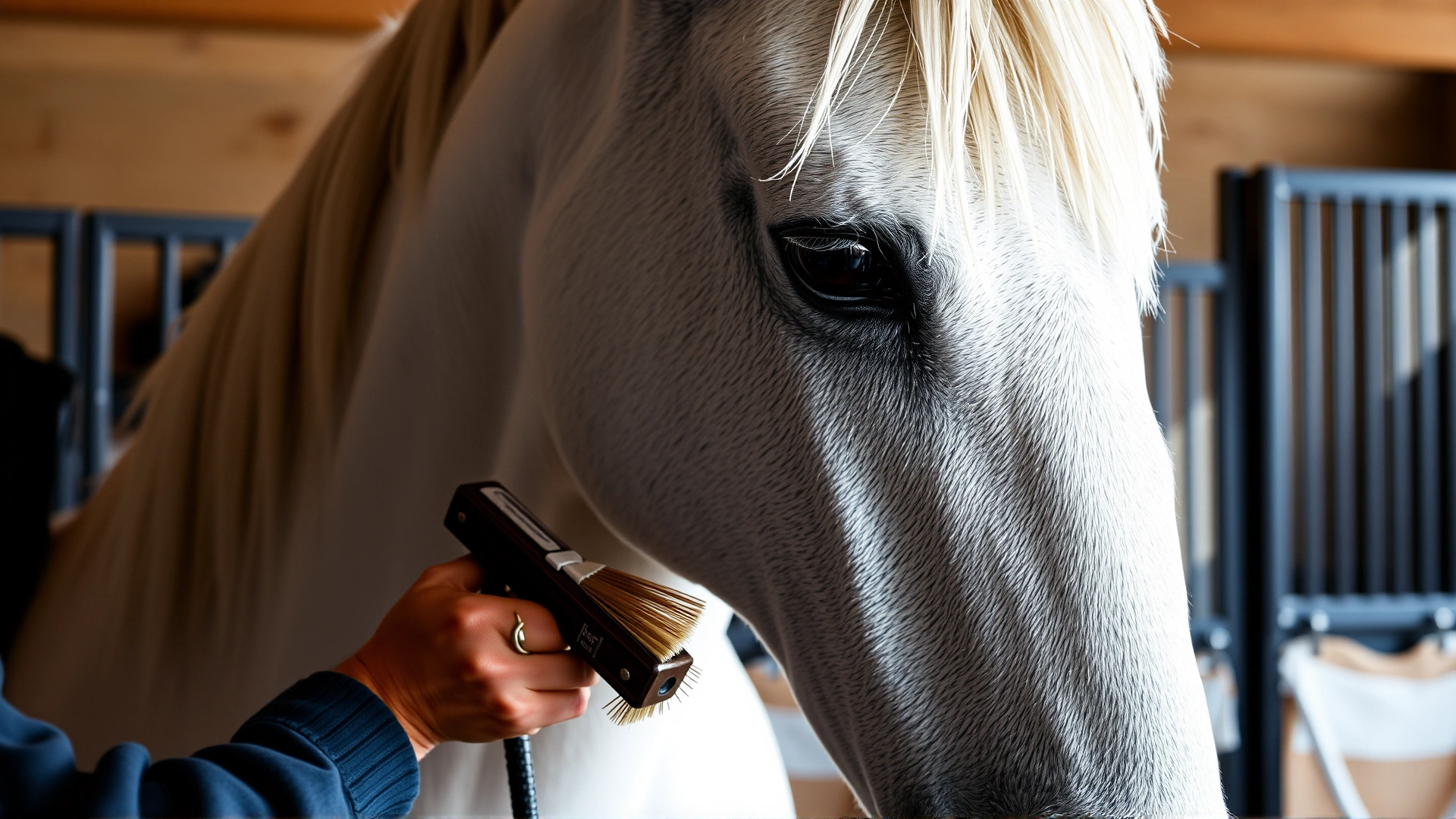 A caretaker gently brushing a Gotland pony's thick winter coat outside a barn, with grooming tools visible for context.