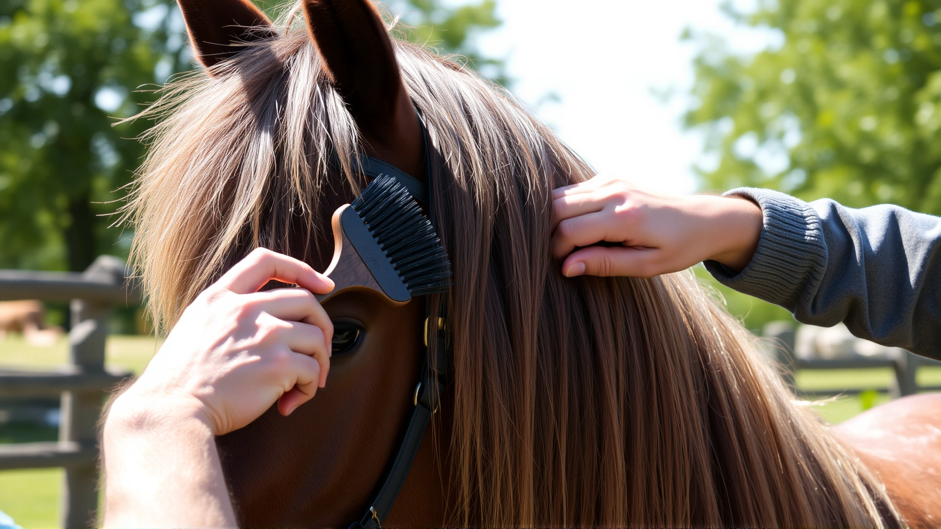 Owner brushing the thick mane of a Welsh Cob outdoors on a sunny day, close-up focus on mane and grooming brush, no text.