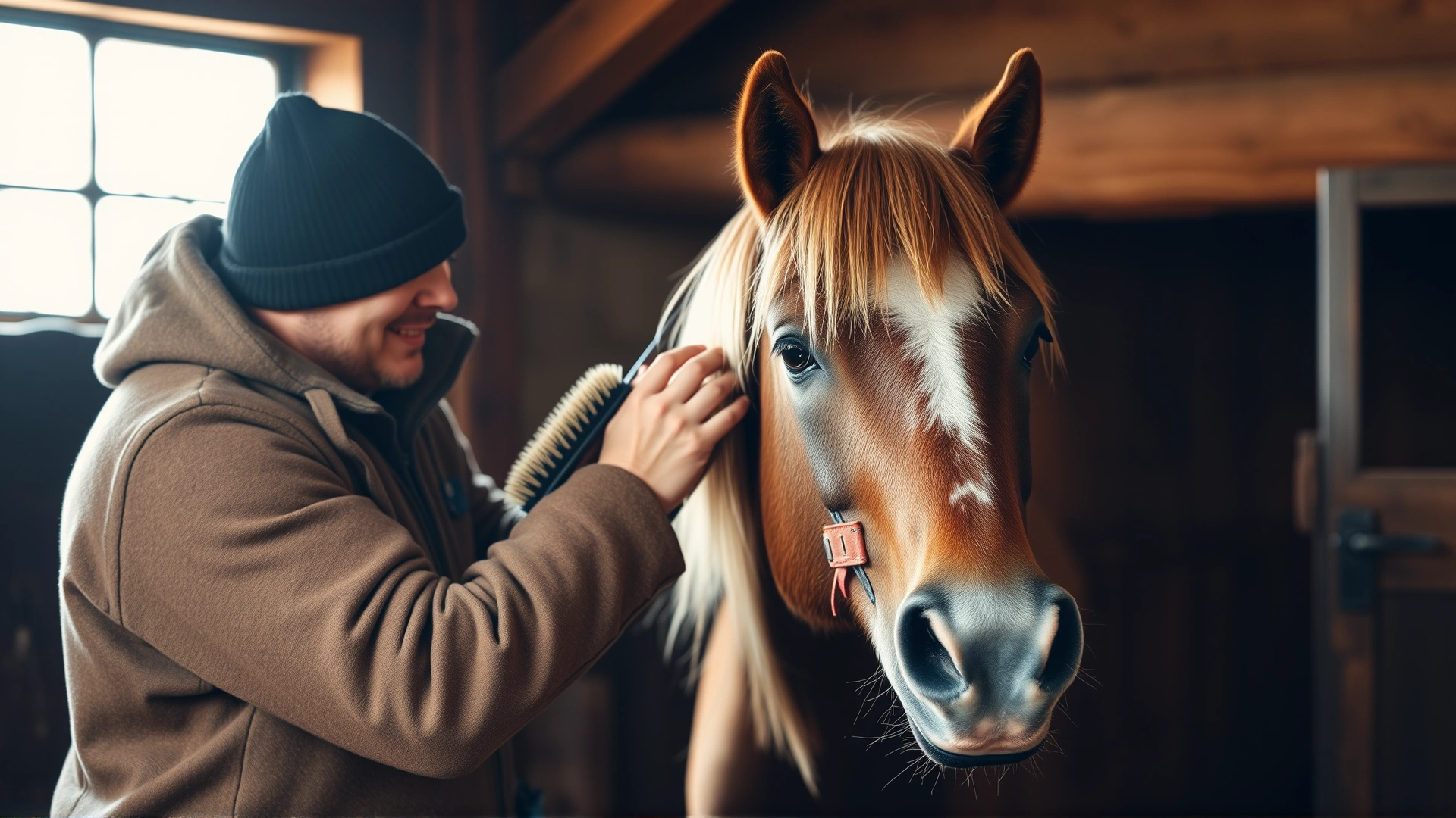 Owner brushing the thick winter coat of a Highland Pony inside a rustic stable, warm natural lighting. No text.