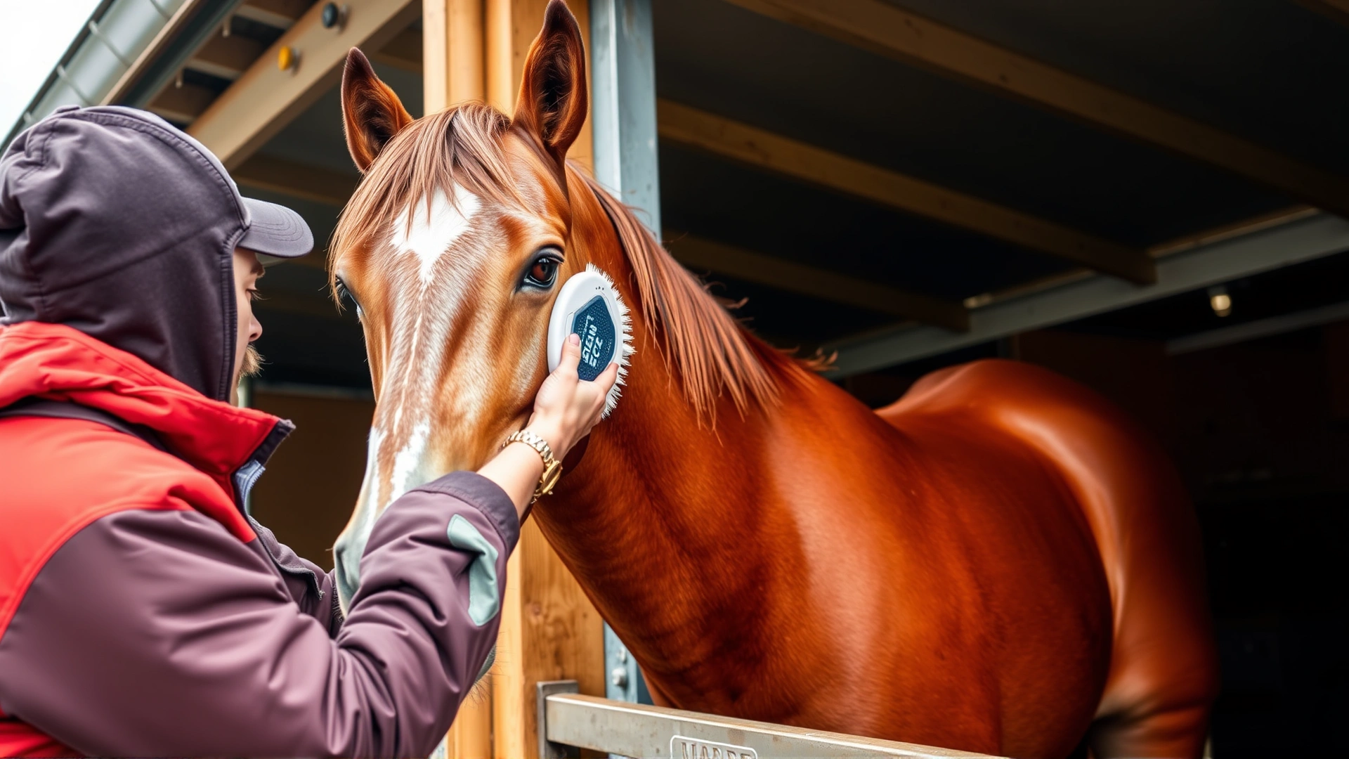 Horse owner gently brushing a damp horse under a stable roof, emphasizing proper grooming to prevent skin infections.