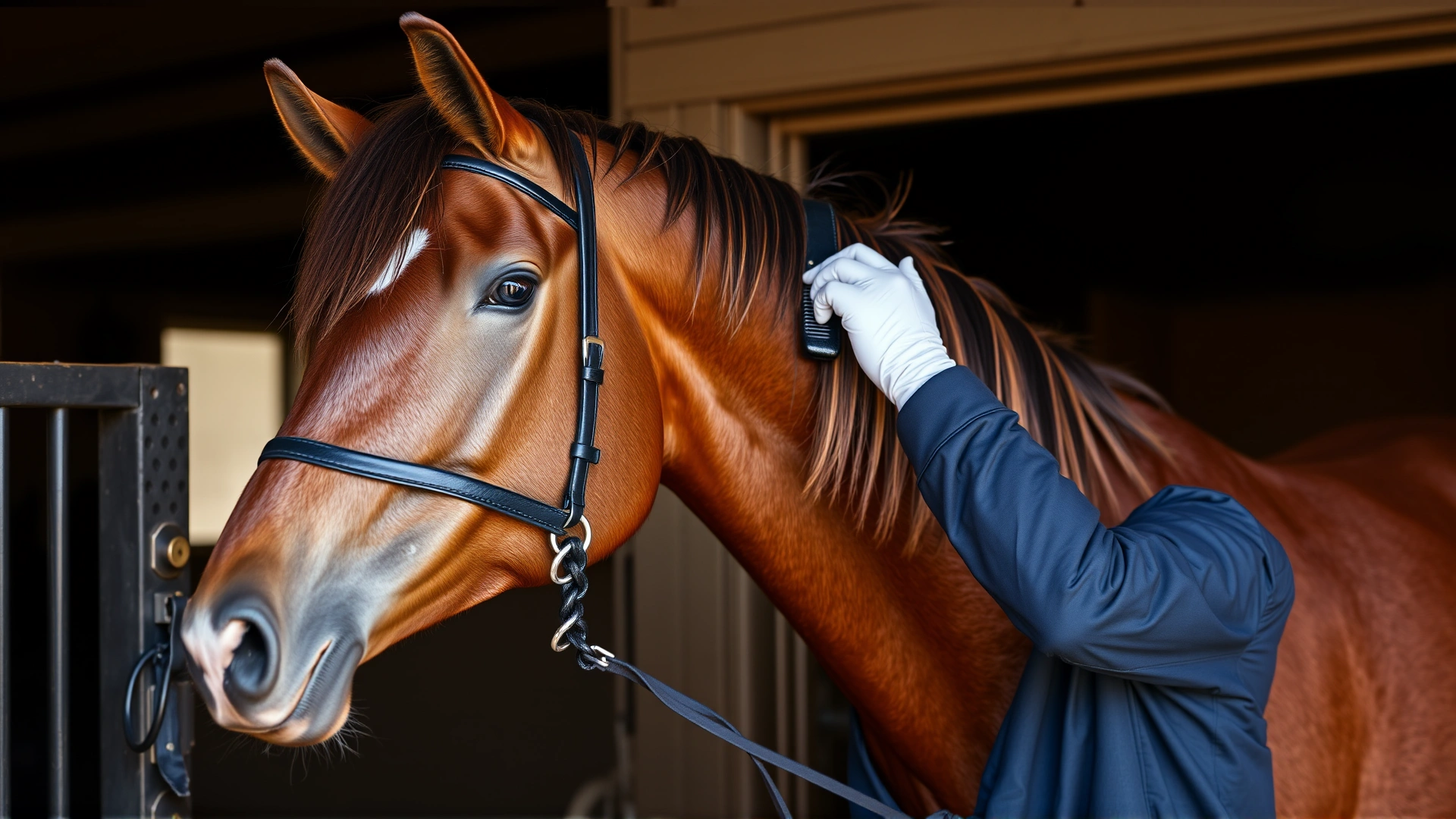 Horse in a stable while an equestrian grooms its mane with a wide-tooth comb, emphasizing daily care routine.
