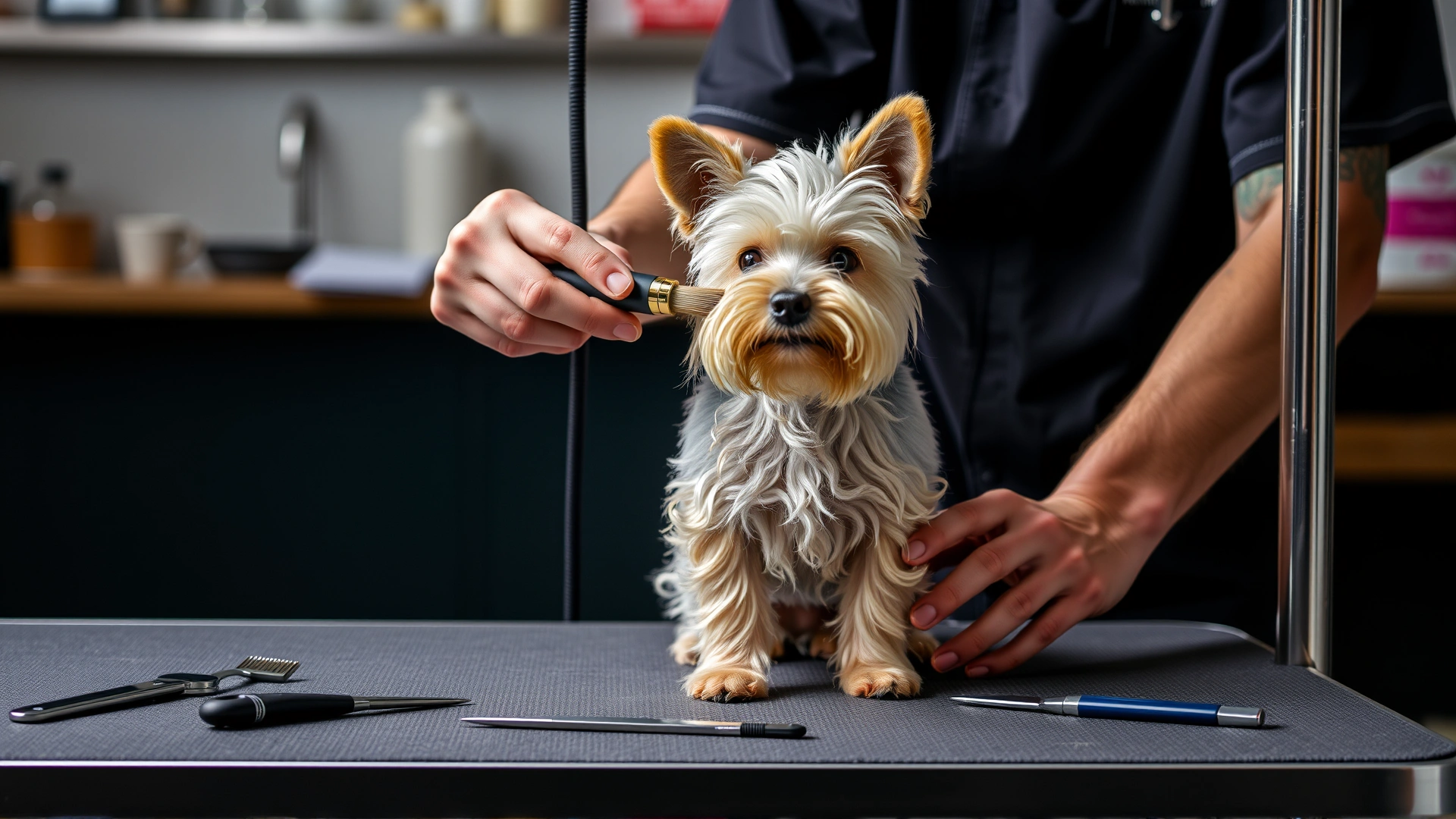 Professional groomer brushing a Biewer Terrier on a grooming table with grooming tools neatly arranged.