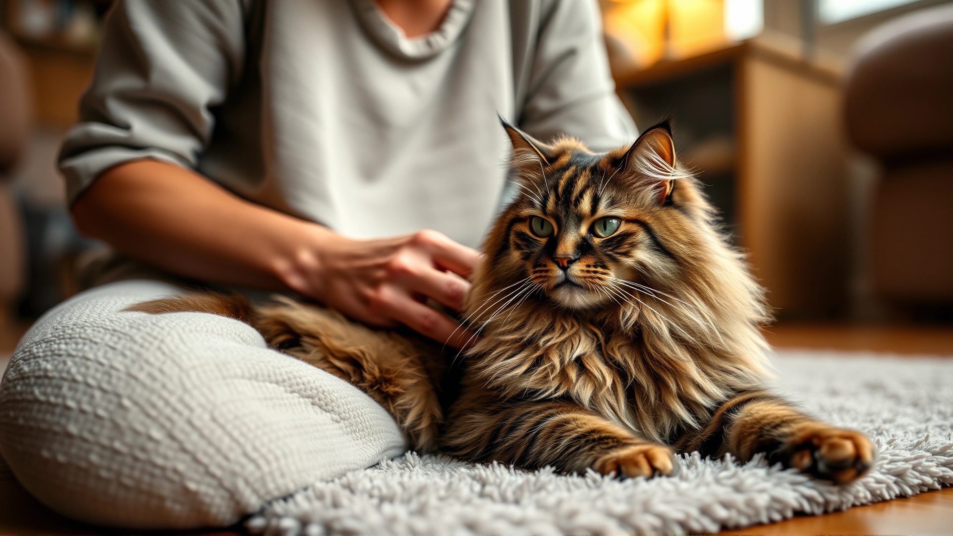 Owner gently brushing the fur of a long-haired American domestic cat on a soft rug, warm lighting, intimate home environment