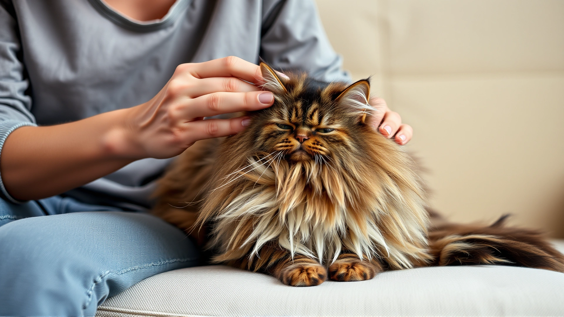 Owner gently brushing an American Wirehair cat with a soft slicker brush, focus on the unique fur texture, cozy home setting