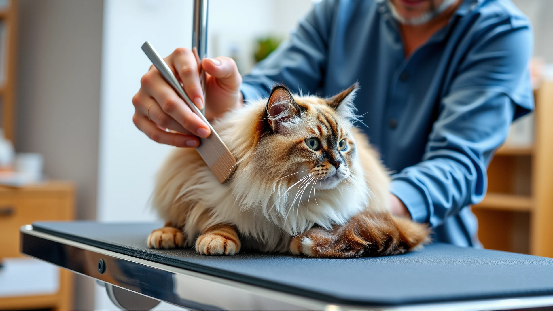 Owner gently brushing a semi-longhair Burmilla cat on a grooming table, bright indoor lighting