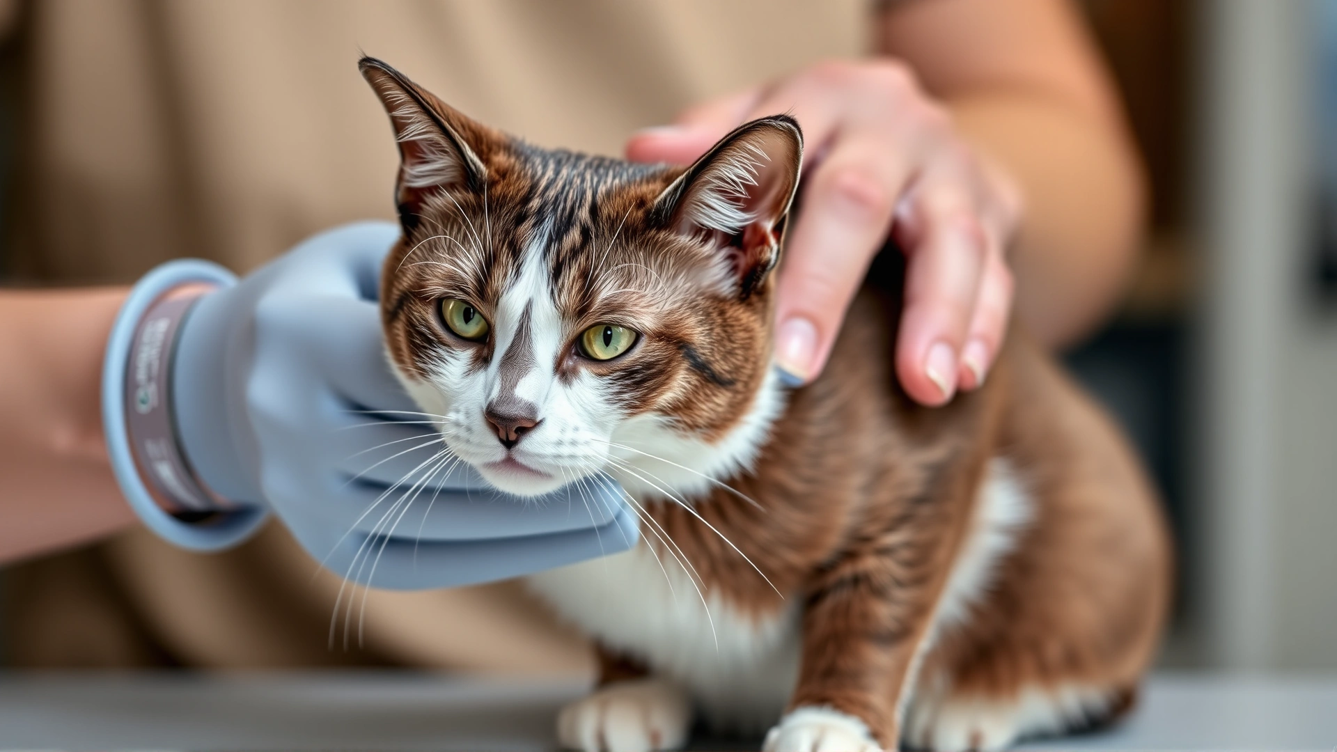 Owner brushing a Colorpoint Shorthair cat with a soft rubber grooming glove, showing the short glossy fur.