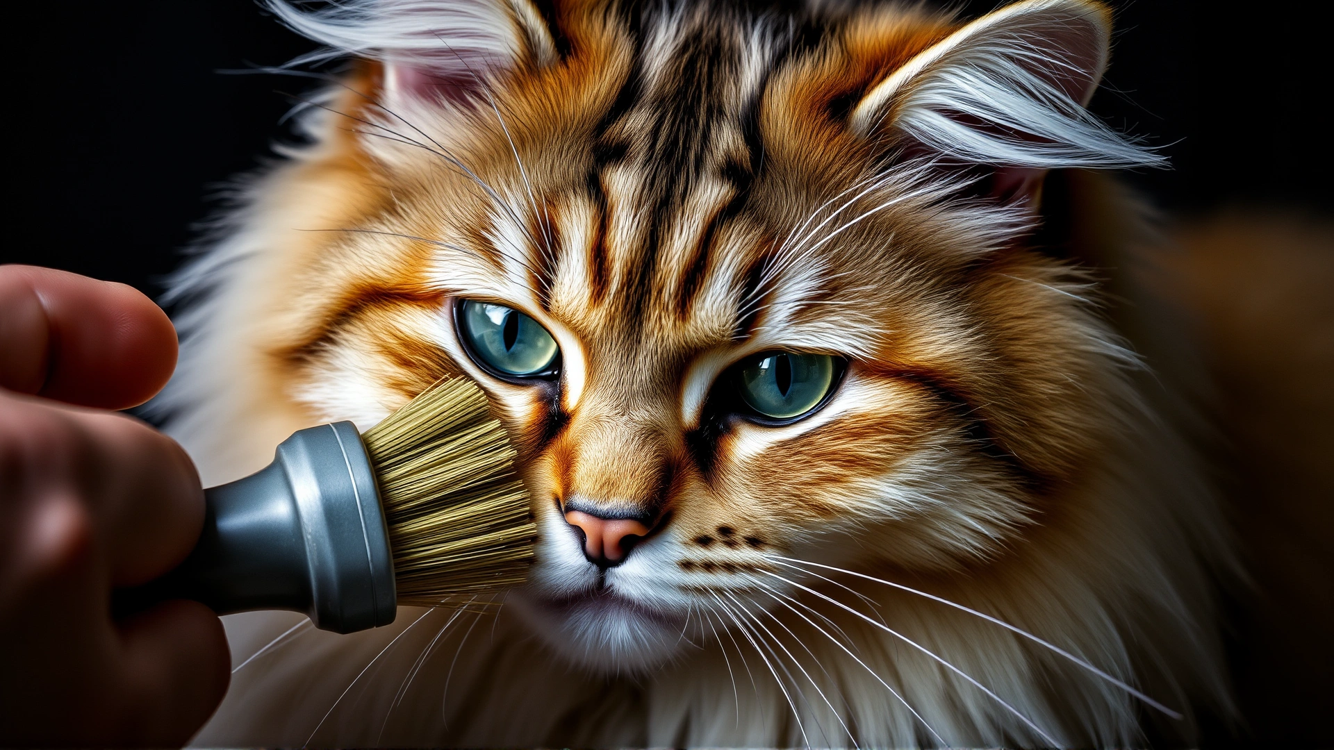 Close-up of hands gently brushing a Kashmir cat's long fur with a slicker brush