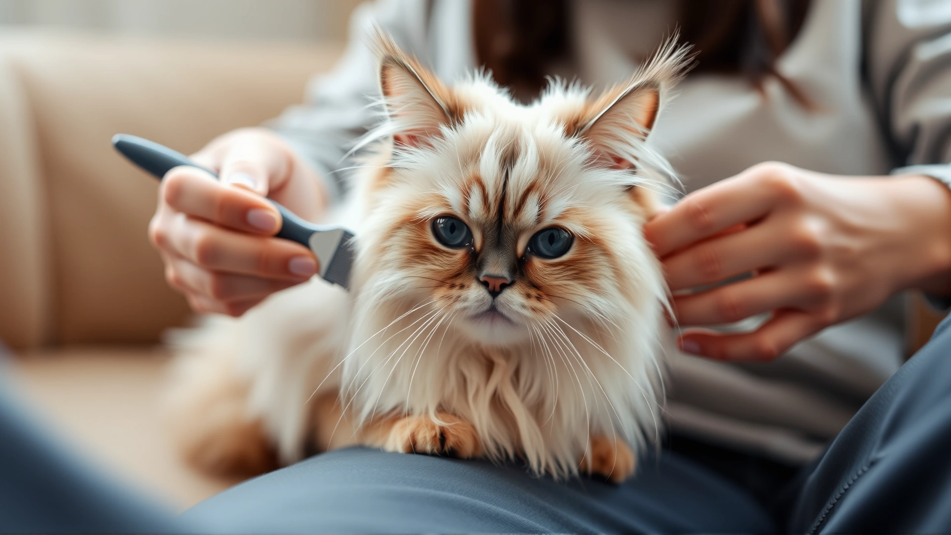 Owner gently brushing a German Rex cat with a soft bristle brush on a cozy couch, demonstrating easy grooming.