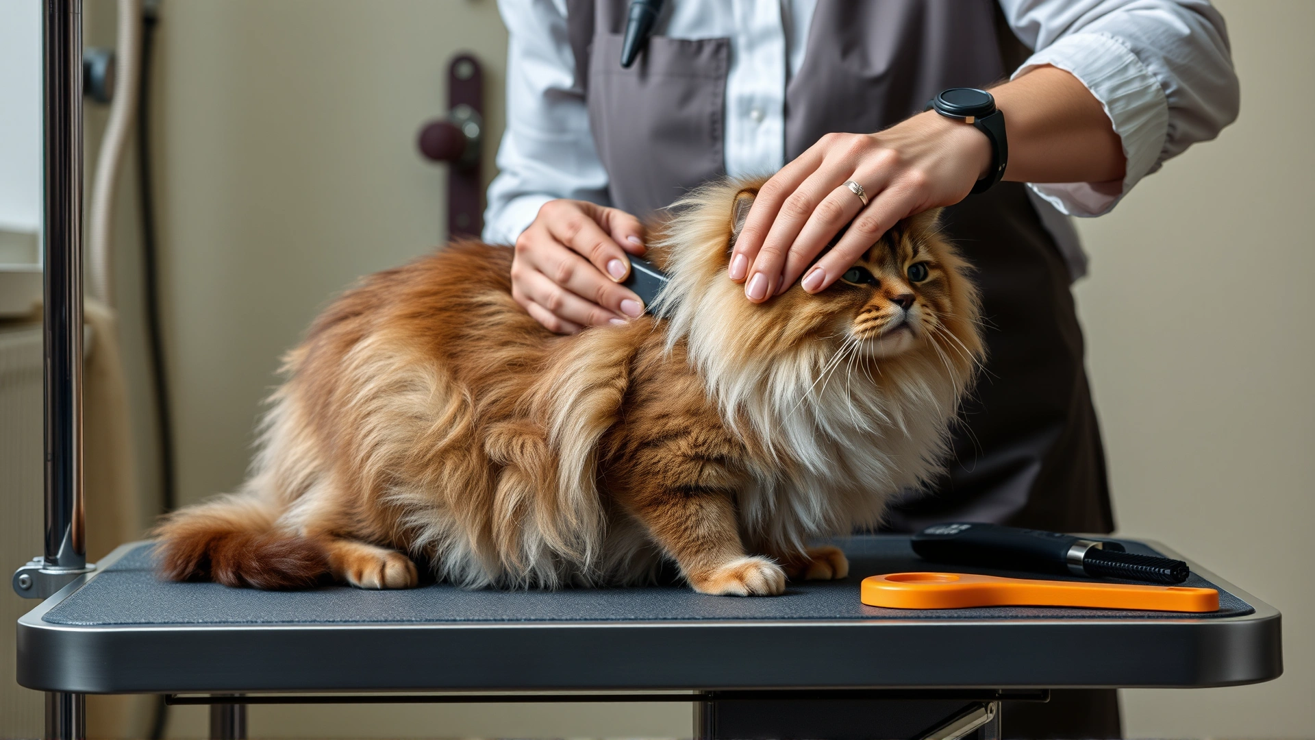 Owner gently brushing a Sokoke Forest cat's short coat on a couch, cozy atmosphere.