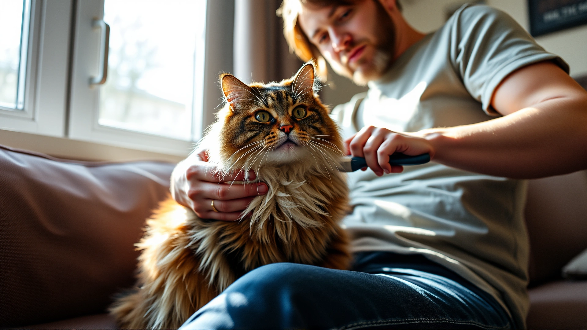 Owner using a soft grooming brush on a long-haired cat sitting on a couch, daylight streaming through a nearby window.