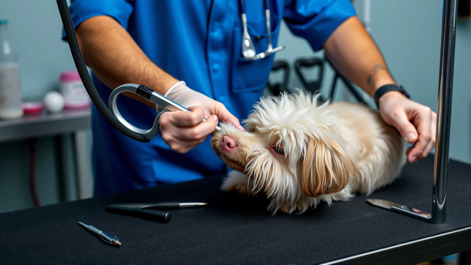 Professional groomer trimming the nails of a fluffy dog on a grooming table with neat tools around