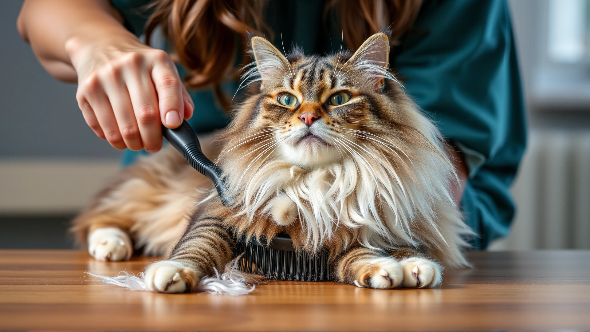 Owner carefully brushing a long-haired senior cat on a table, with loose fur visible on the brush to emphasize grooming needs.