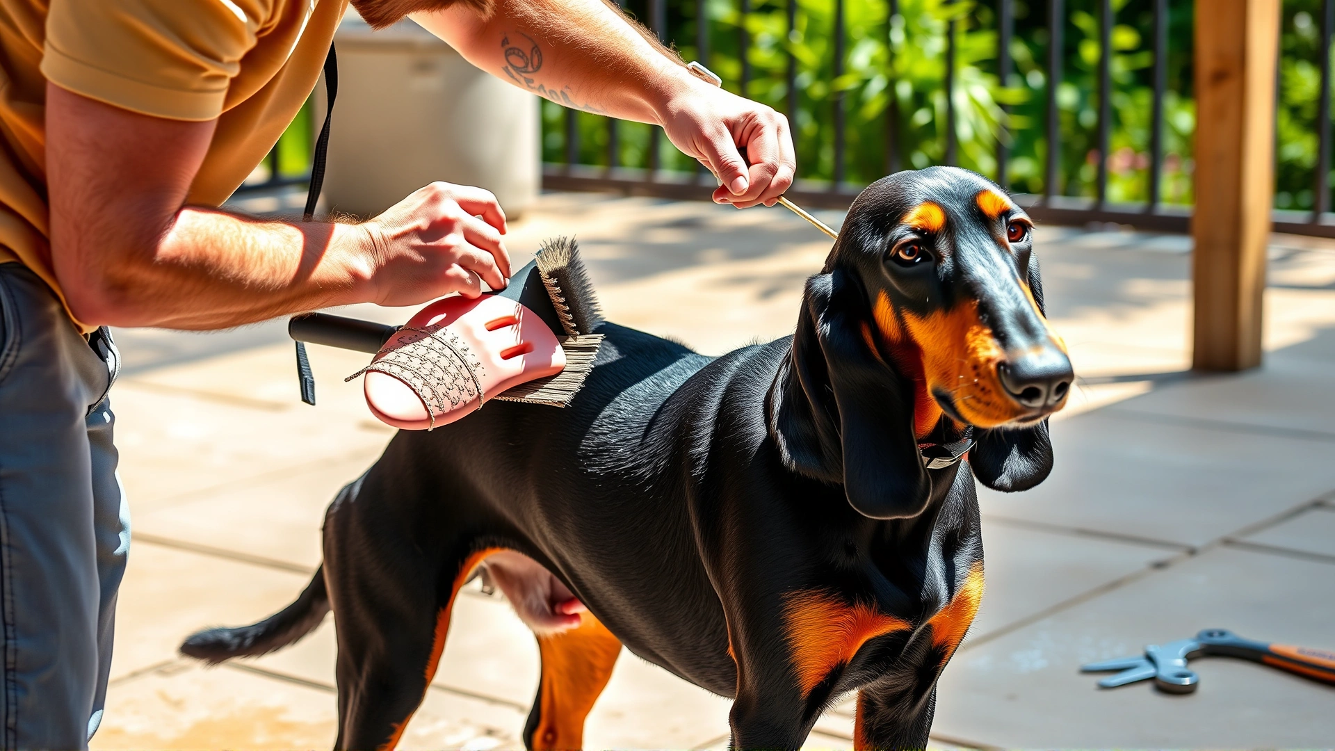 An owner brushing a Black and Tan Coonhound’s short coat on a patio, grooming tools neatly arranged nearby, bright daylight.