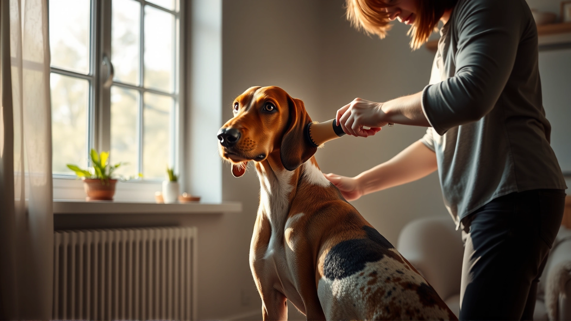 Calm indoor scene of a person brushing an American Foxhound's short coat with a slicker brush near a sunlit window, no text