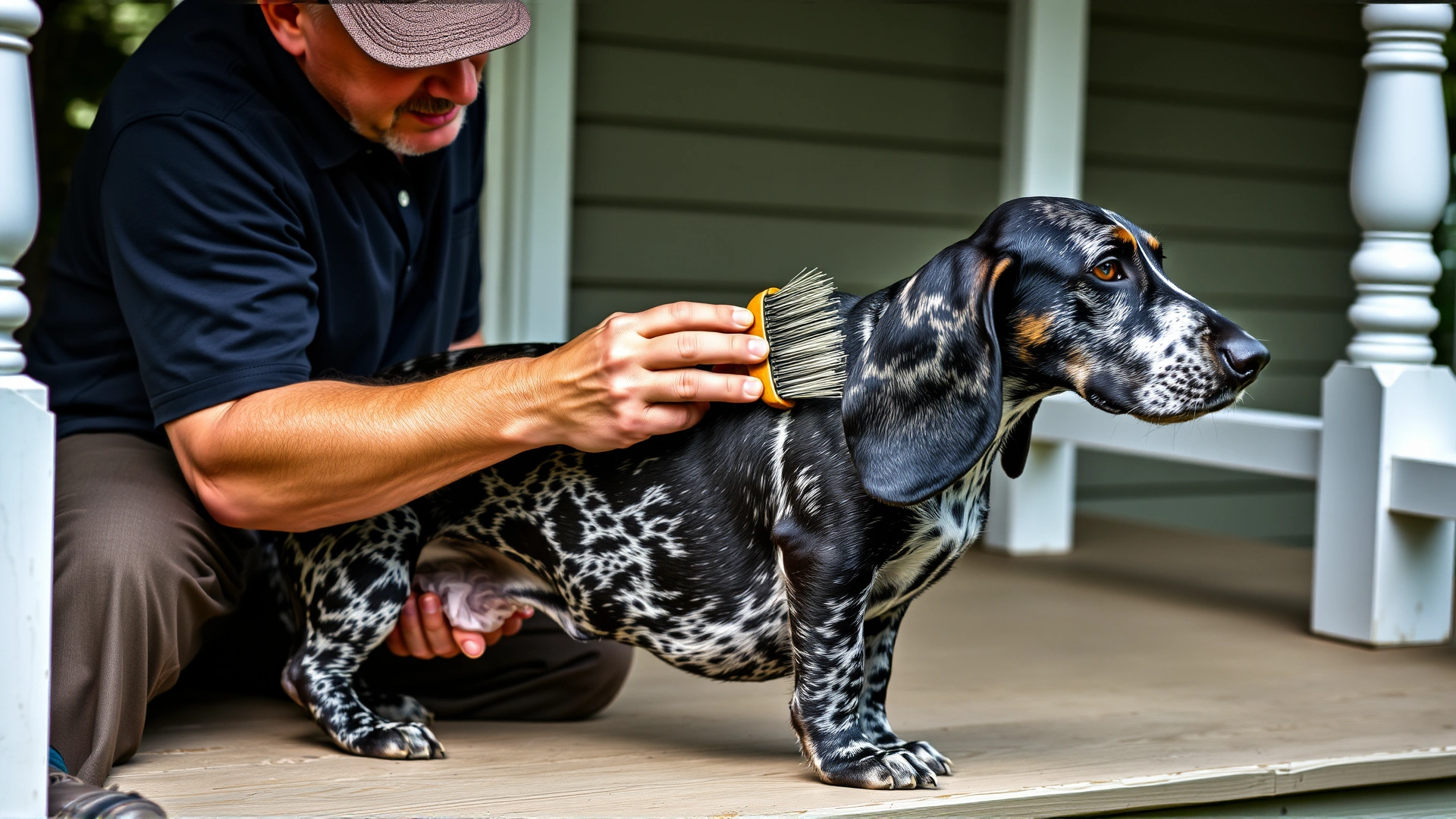 Owner brushing a Bluetick Coonhound's short coat on a porch, loose hairs visible on the brush, relaxed atmosphere.