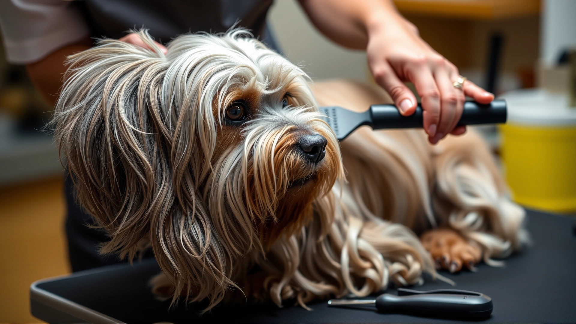 Close-up of a person gently brushing a Bolognese dog’s wavy coat on a grooming table with grooming tools visible.
