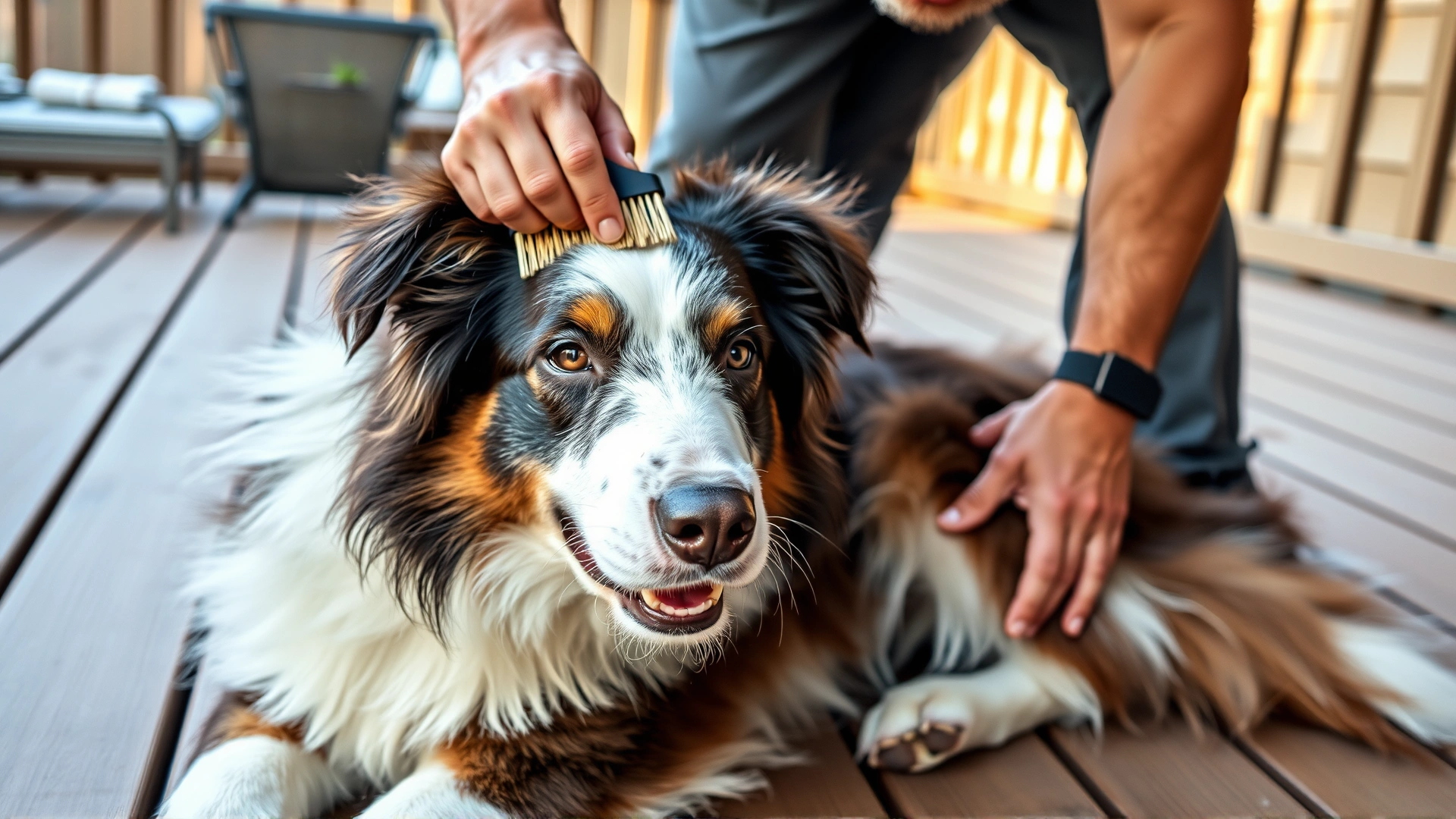 Owner brushing a Border Aussie's double coat on a wooden patio, loose fur visible, no text