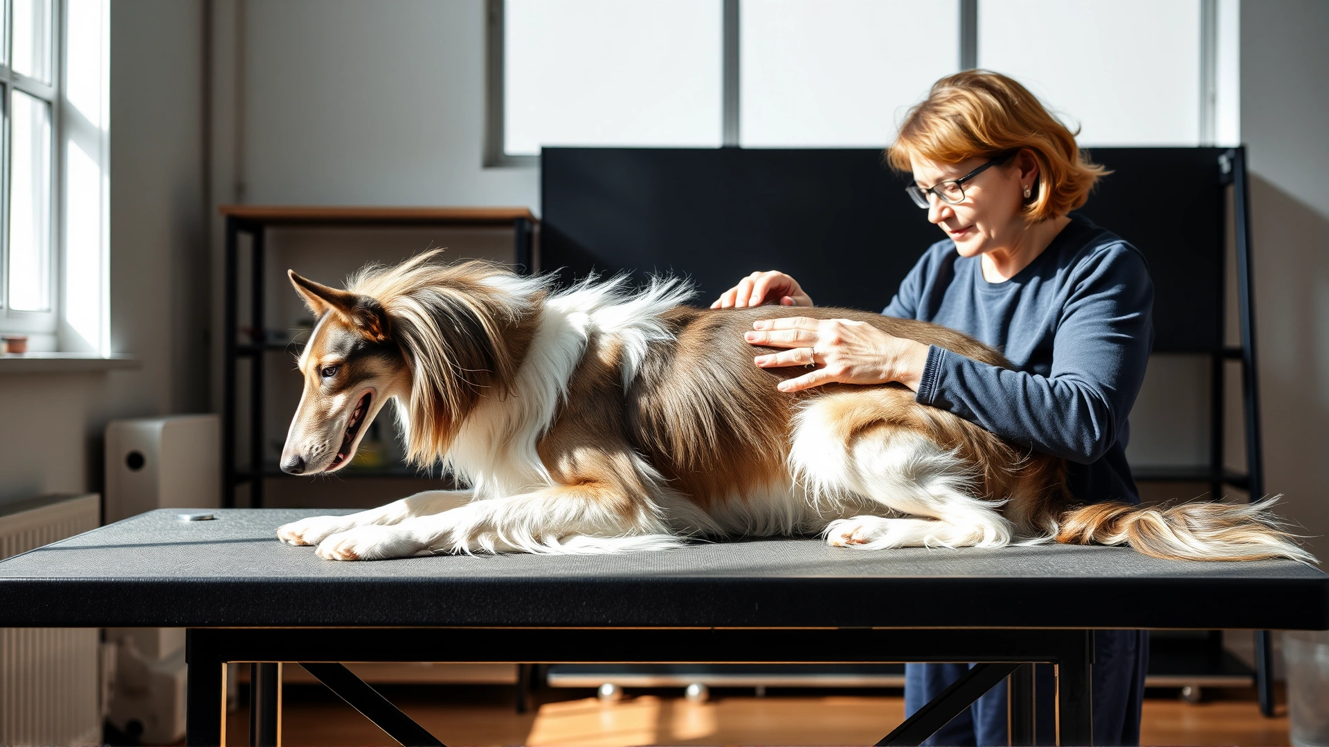 Owner gently brushing a Borzoi’s long coat on a grooming table in a bright indoor setting.