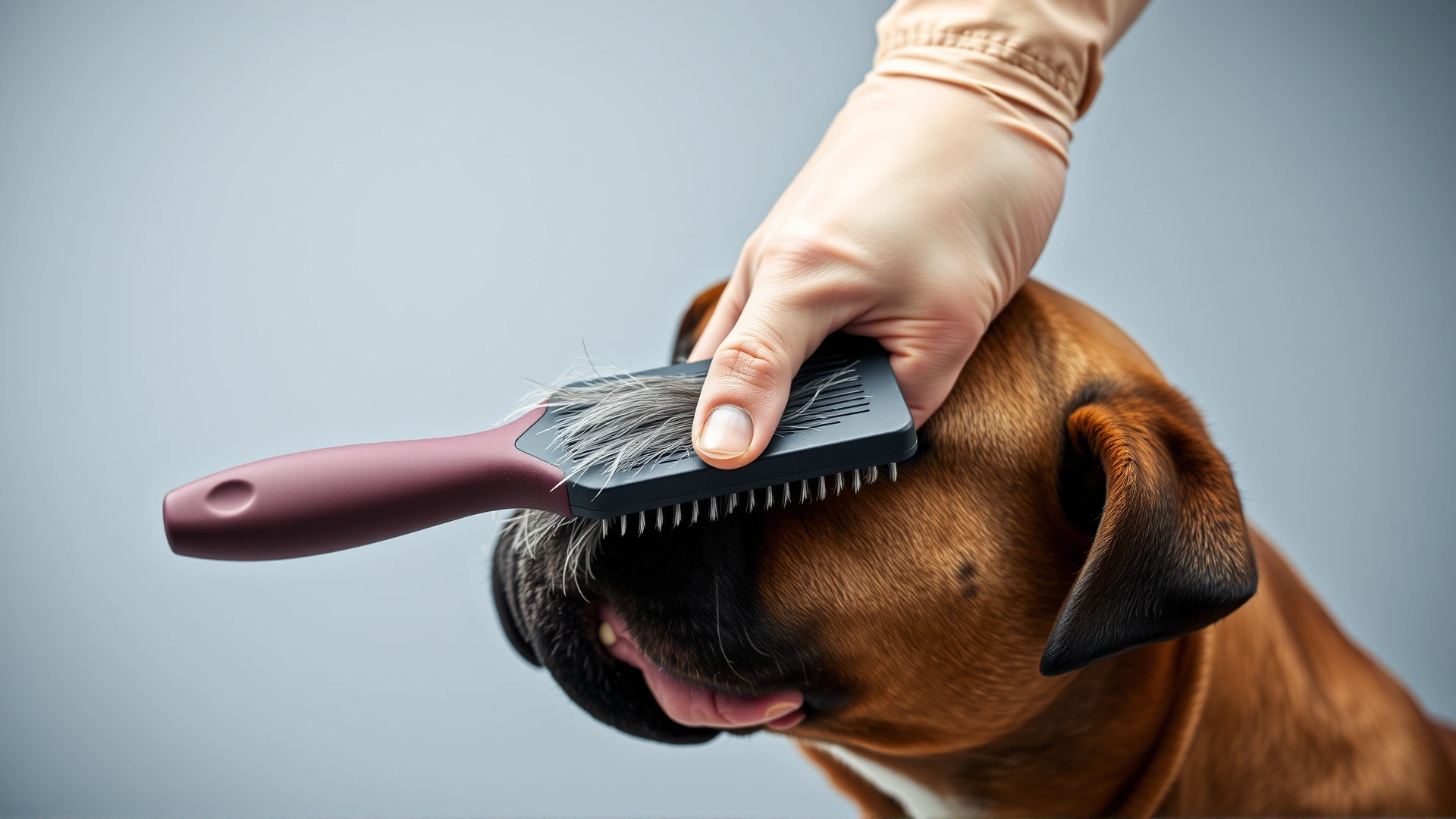 Close-up of a hand brushing a Boxer dog's short coat with a rubber grooming glove, fur visible on the glove.