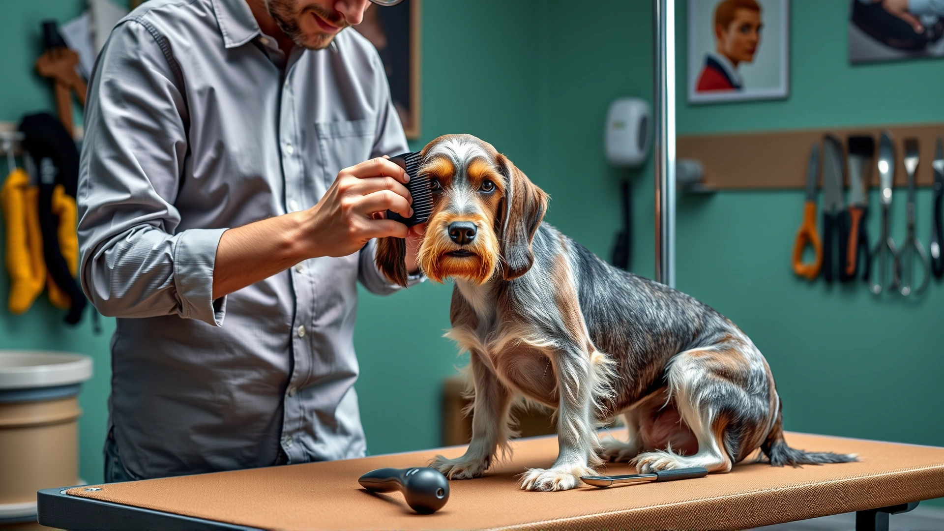 Owner gently brushing a short-haired Bracco Italiano on a grooming table, tools neatly arranged, well-lit room.