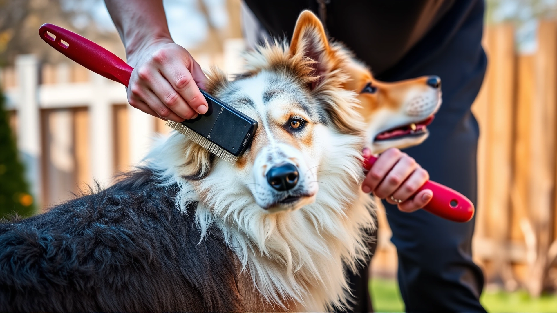Owner brushing a Canaan Dog's double coat with a slicker brush in a backyard, loose fur visible, bright daylight