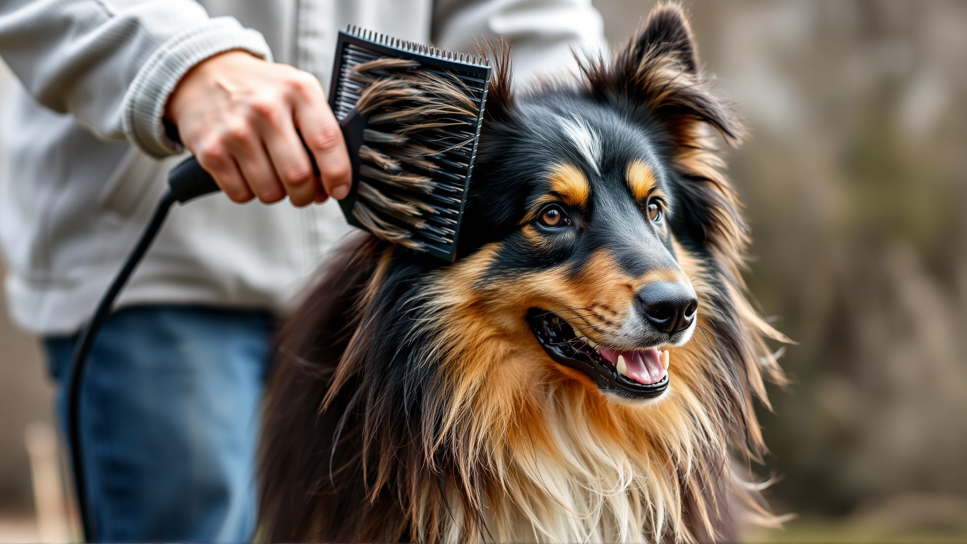 Owner brushing a Caucasian Shepherd with an undercoat rake outdoors; loose fur flying to emphasize heavy shedding.
