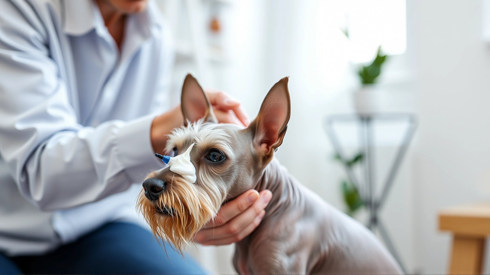 Owner gently applying hypoallergenic lotion to an American Hairless Terrier, indoor setting