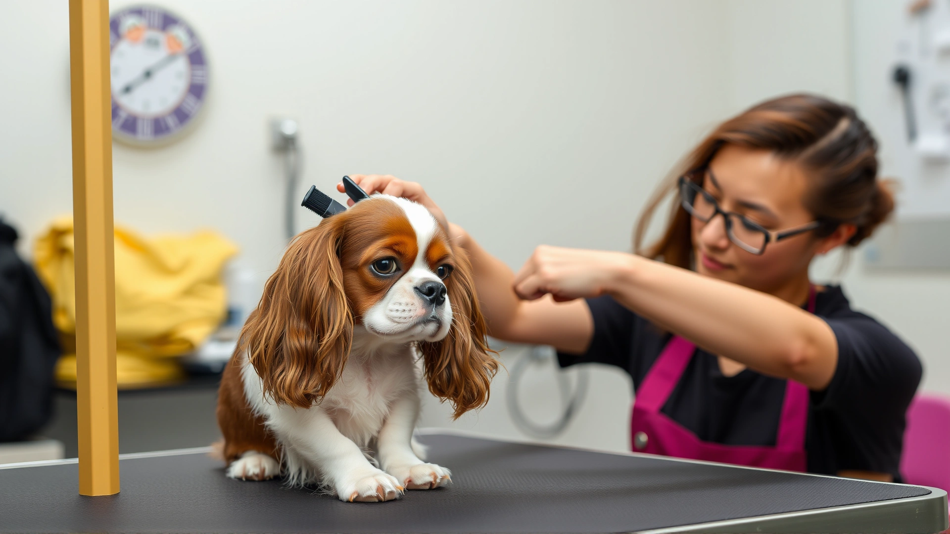 Owner gently brushing a Cavalier King Charles Spaniel’s silky ears on a professional grooming table