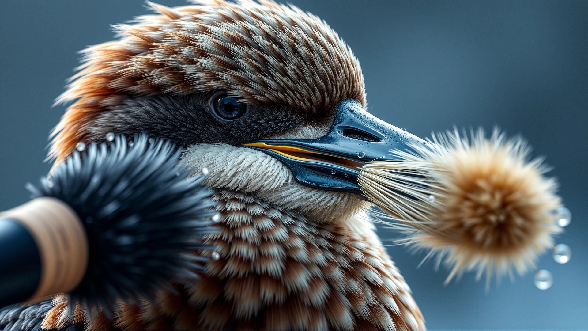 Close-up of a Chinook being brushed with a slicker brush, loose fur visible in the air