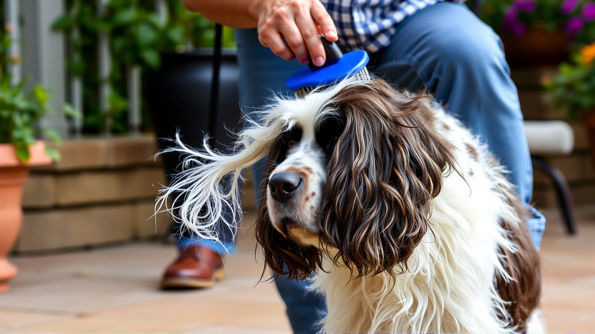 A Clumber Spaniel being brushed by its owner on a patio, showing loose fur on the brush.