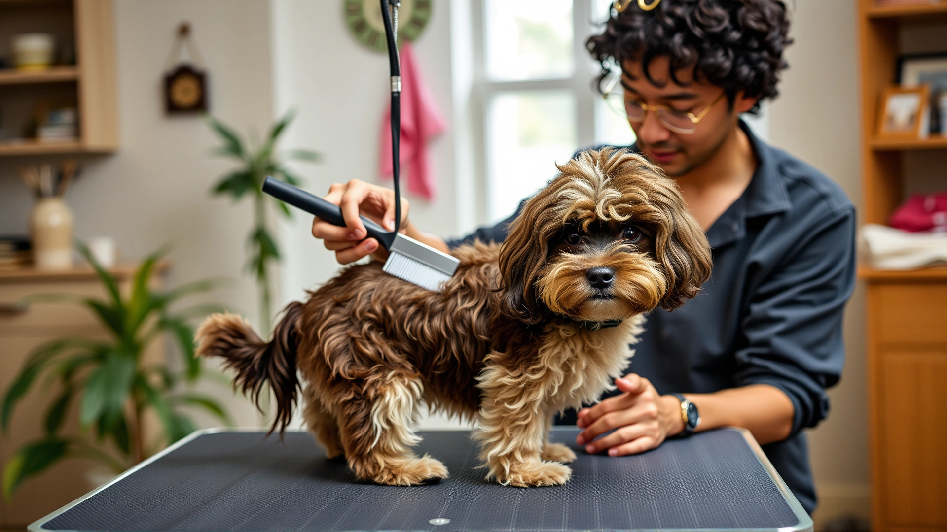 Owner gently brushing a Cockapoo's wavy coat on a grooming table at home.