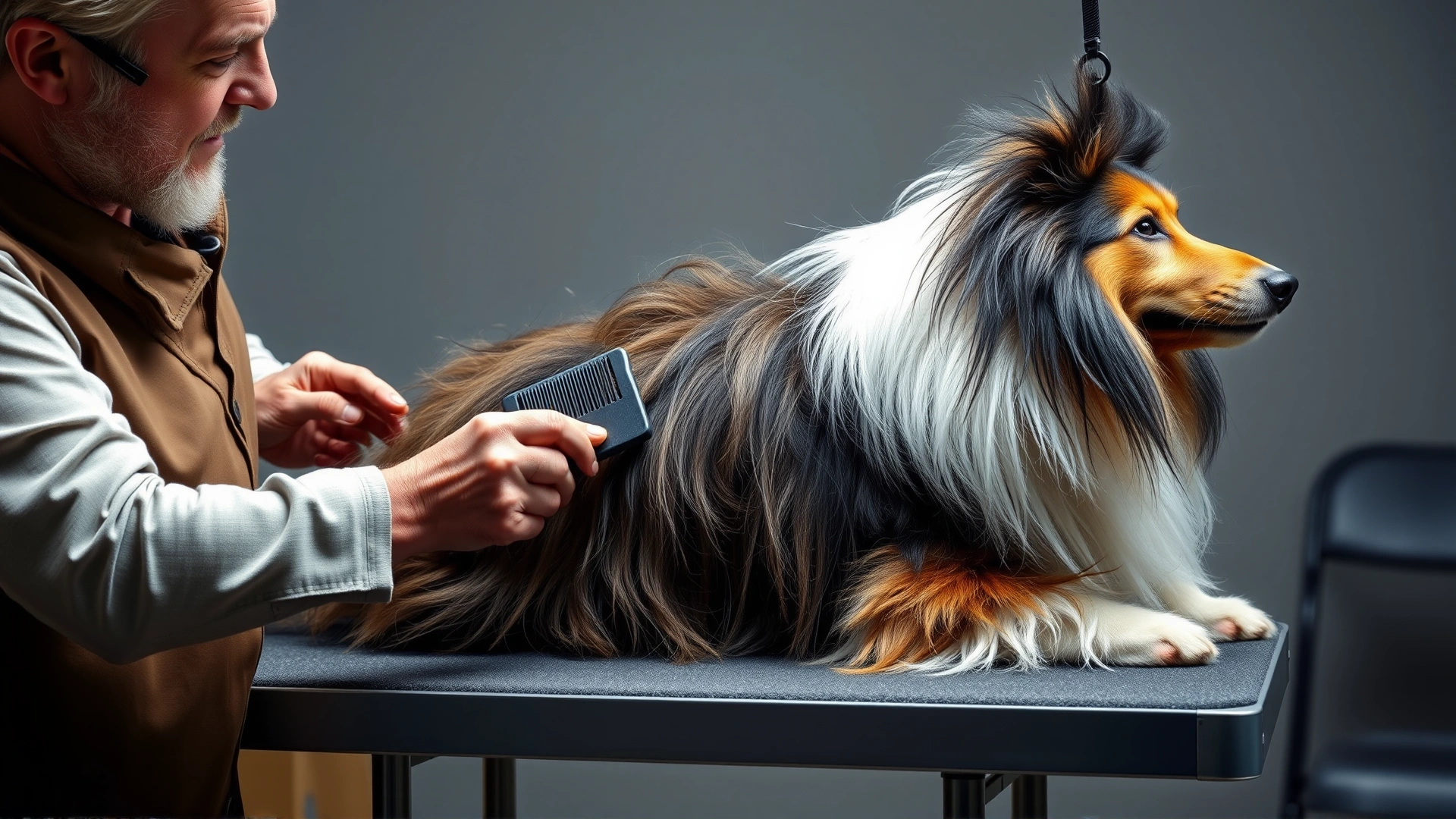 Owner brushing a rough collie's flowing coat on a grooming table, showing comb and loose fur, indoor studio lighting