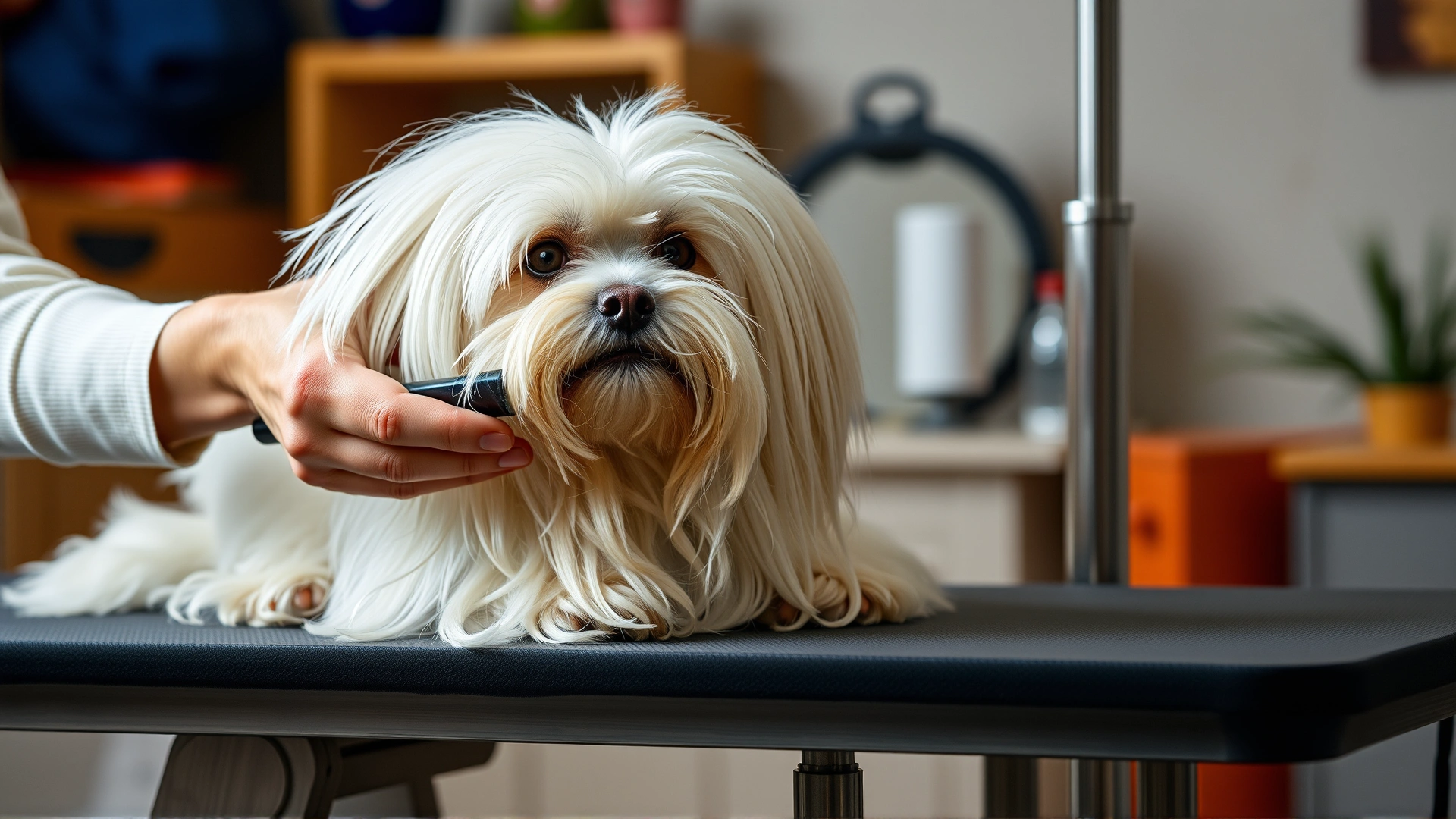 Owner gently brushing a Coton de Tulear's long coat on a grooming table, showcasing the daily care routine.