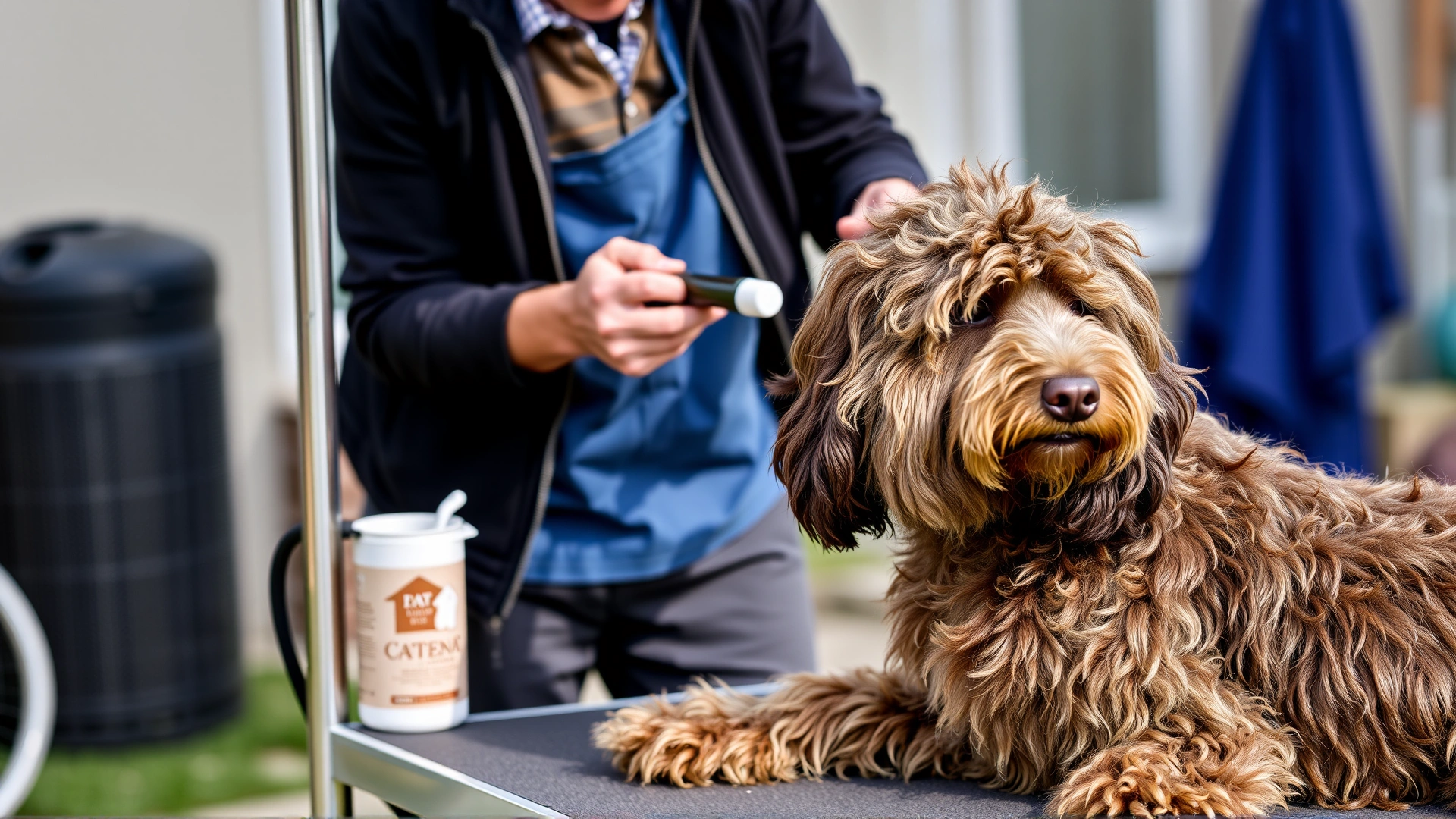 Owner brushing a Curly-Coated Retriever on a grooming table outdoors, focusing on the coat care process.