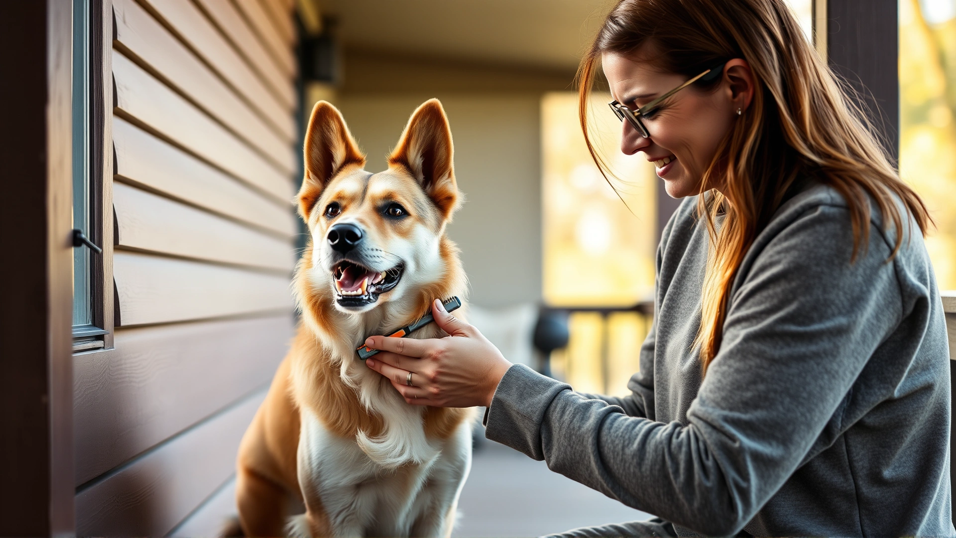 Owner gently brushing a Danish-Swedish Farmdog’s short coat on a wooden porch, grooming tools visible, warm afternoon light.